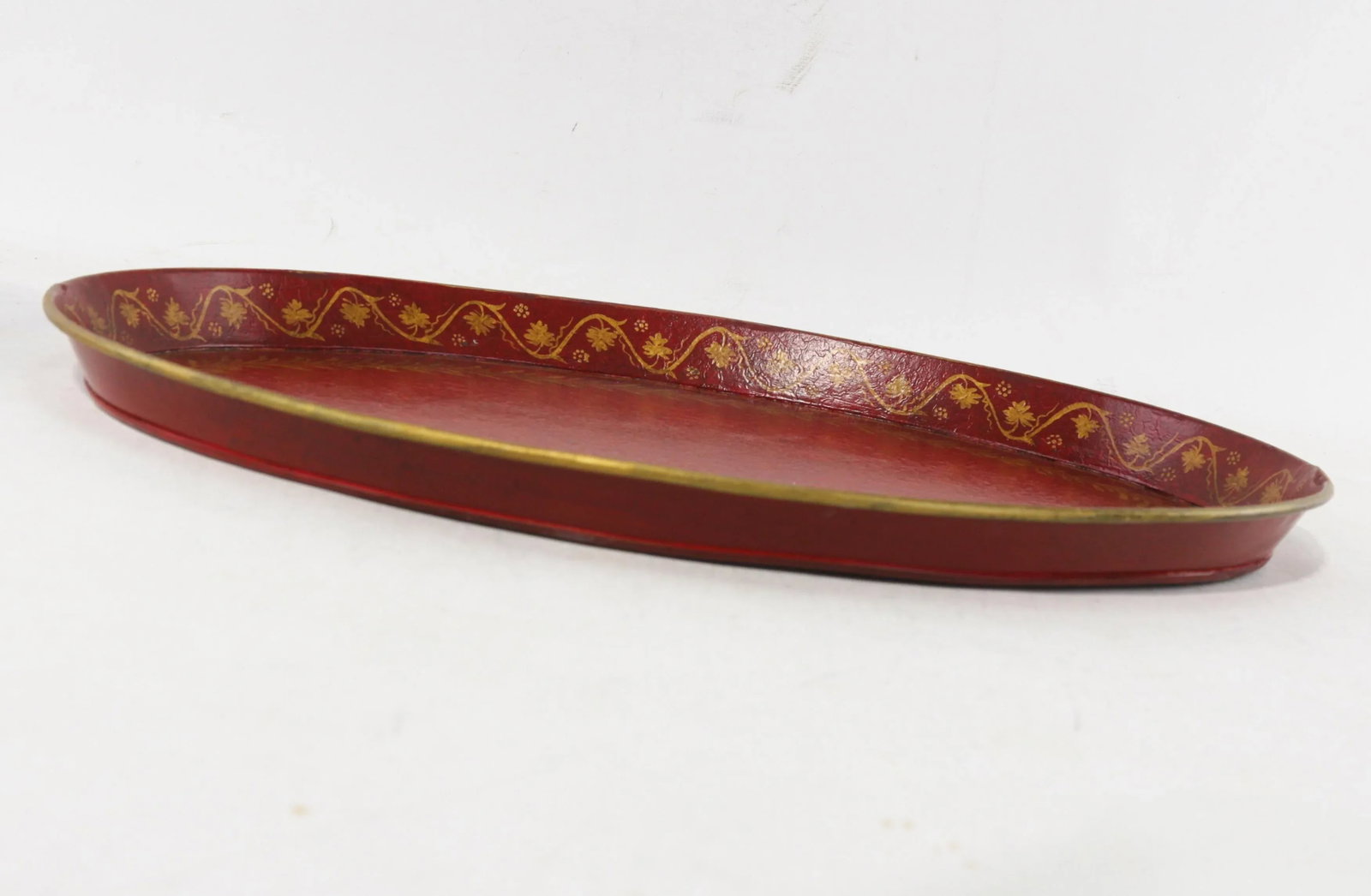Vintage Handmade Metal Red Tray With Hand-Painted Gold Olive Leaf Wreath - 3