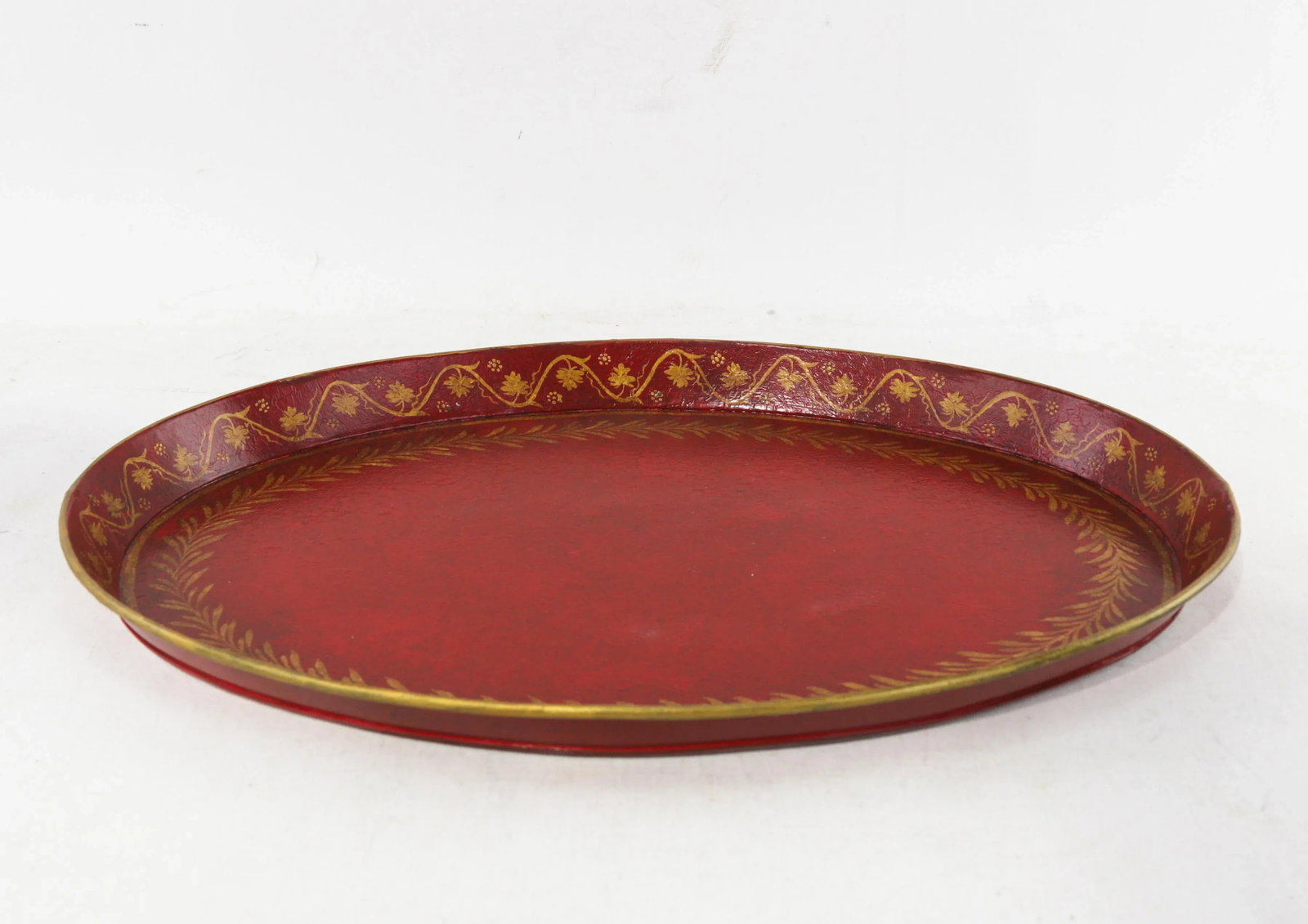 Vintage Handmade Metal Red Tray With Hand-Painted Gold Olive Leaf Wreath - 6