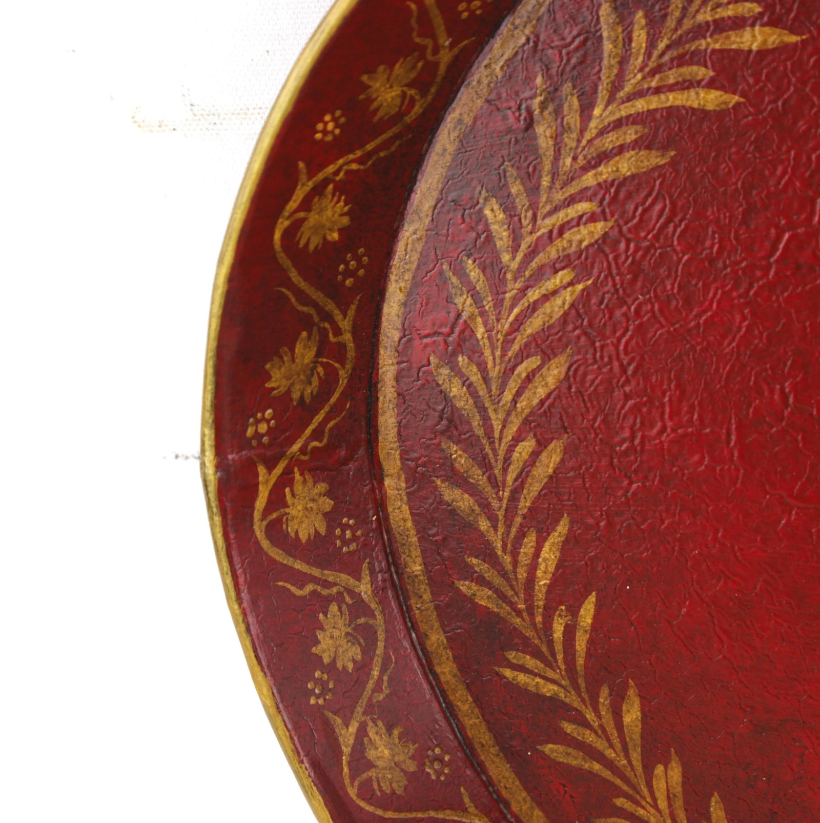 Vintage Handmade Metal Red Tray With Hand-Painted Gold Olive Leaf Wreath - 7