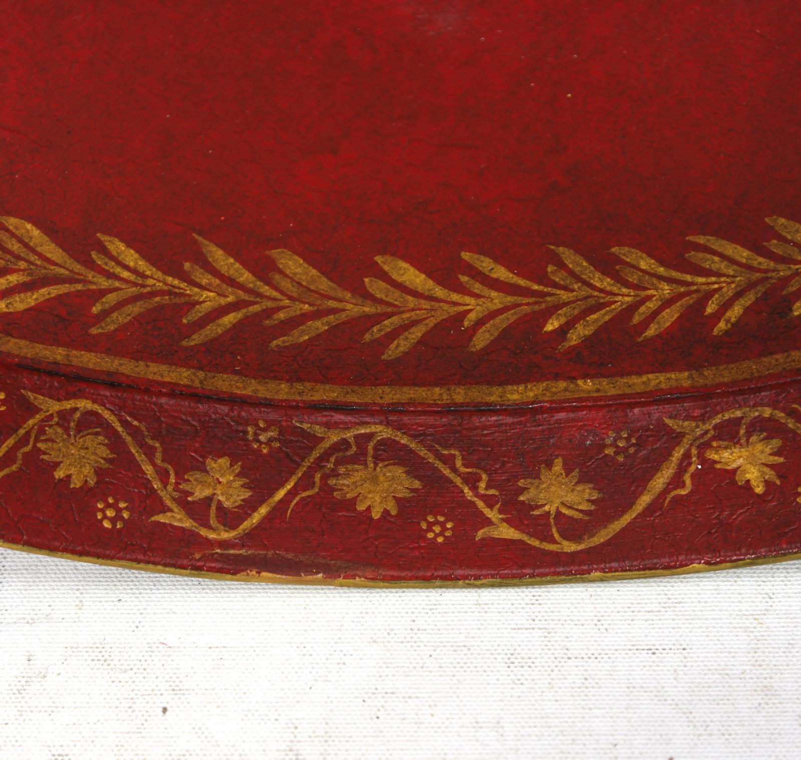 Vintage Handmade Metal Red Tray With Hand-Painted Gold Olive Leaf Wreath - 8