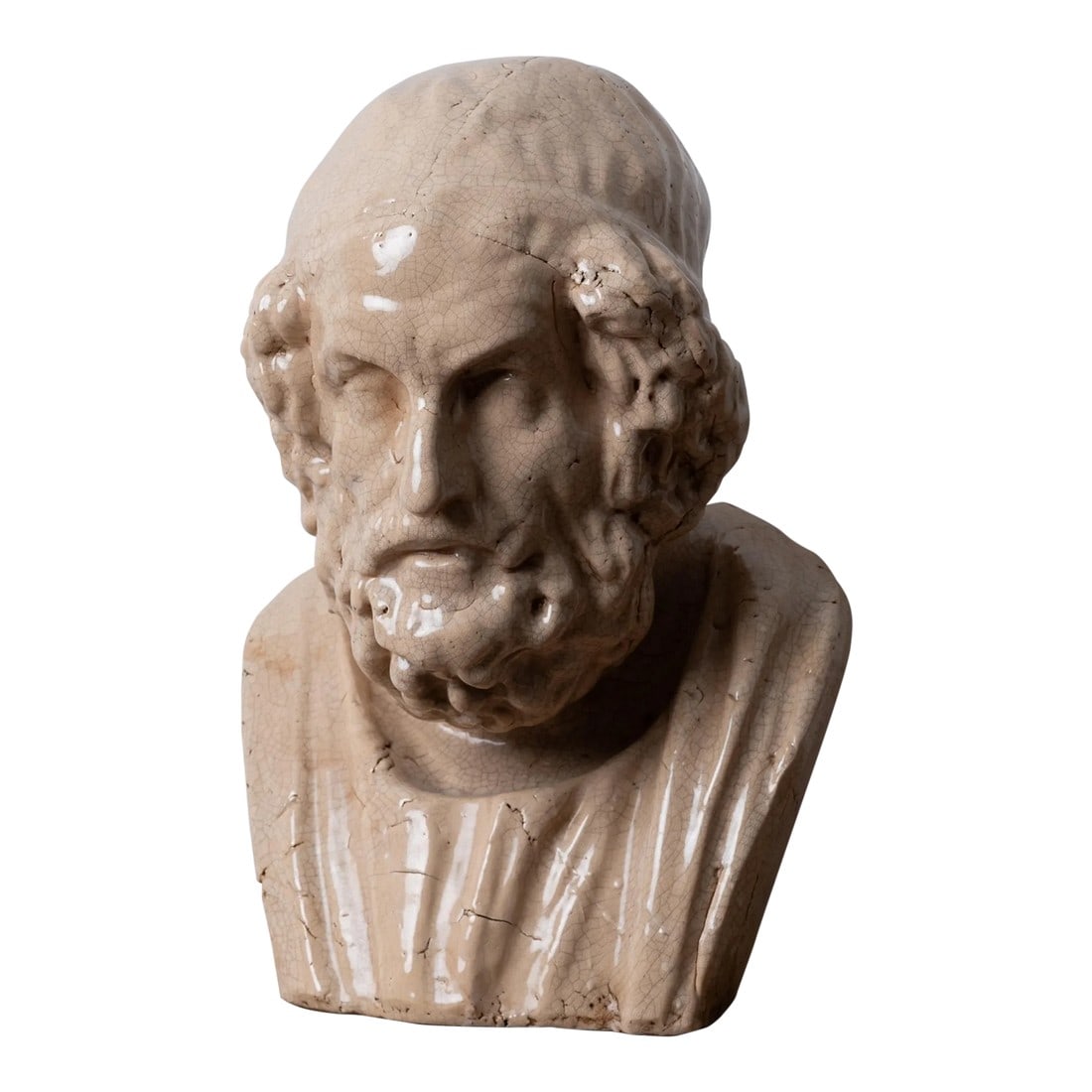 Porcelain Bust of Homer: A porcelain crackled glaze bust of Homer after the antique, English, circa early 20th century. 13 inches wide by 12 inches deep by 19 inches tall Condition: Alterations: Original Condition Unaltered