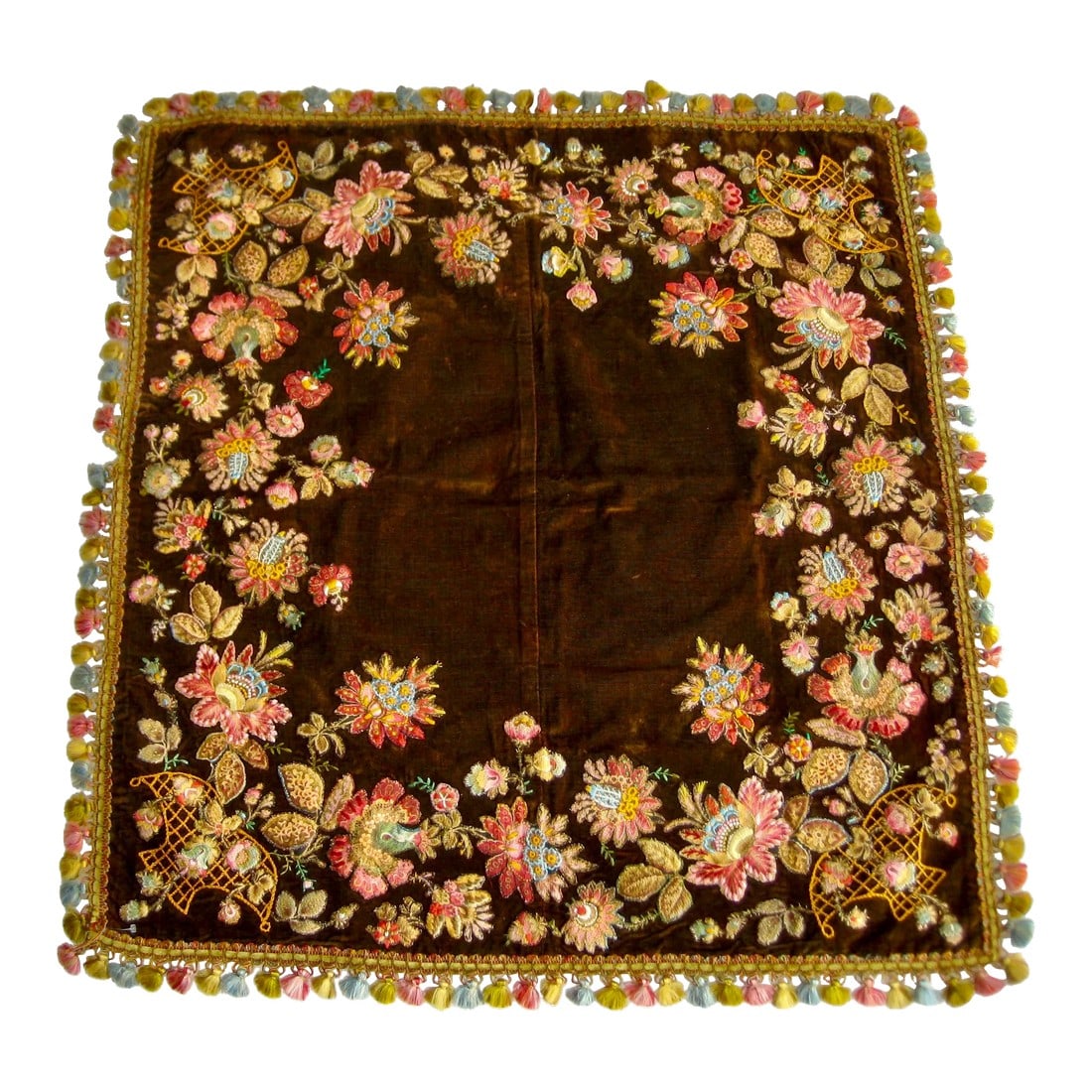 Provencal Embroidered Tablecloth, Circa 1800: Typical from Provence this type of embroideries from the mid 1800 hundreds were directly inspire by indienne toiles or paisley designs , very rare they are wonderful pieces of art , very few survive