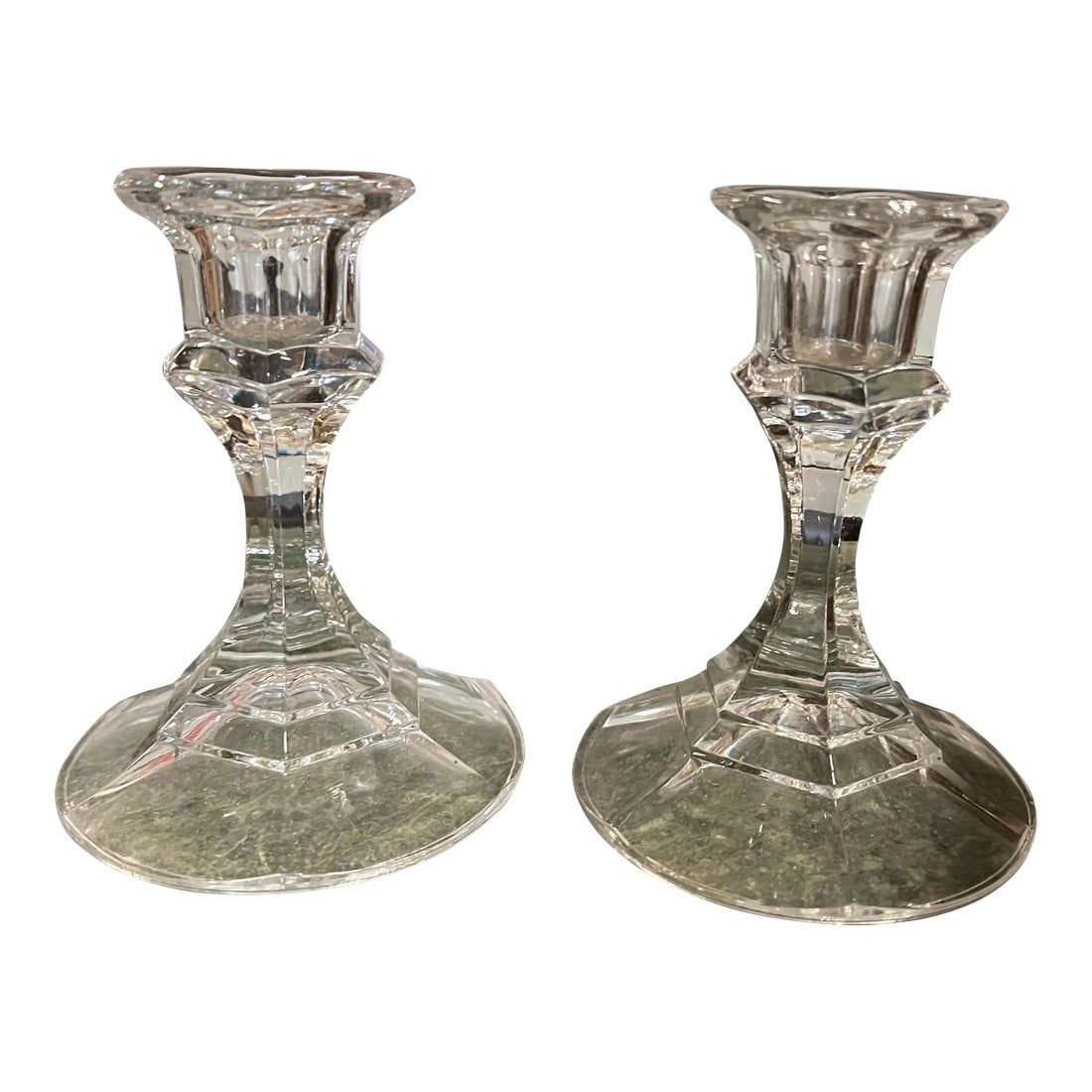1970s Pair of Small Glass Candlestick Holders: Up for consideration is a beautiful vintage pair of small glass candlestick holders. These would look lovely in your home and they are a great find for the interior design enthusiast. Please check