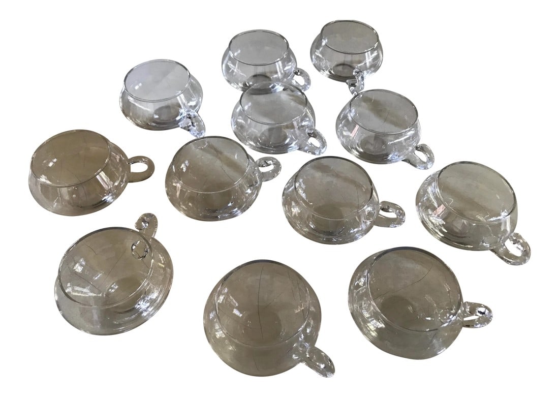 Mid 20th Century Vintage Punch Glasses - Set of 12: Set of 12 vintage glass handblown punch cups with handles, beautifully made. Simple, mod look. Feature interesting handles that loop around and almost touch the edge of the cup. All are in excellent