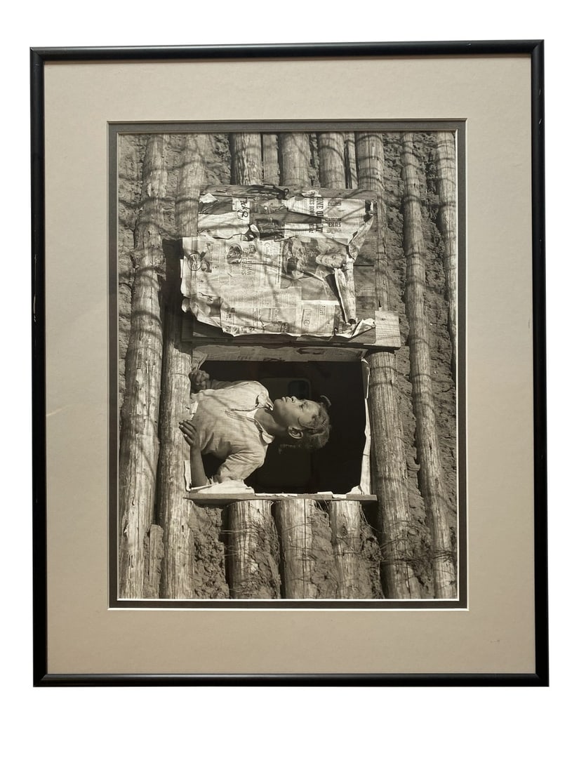 Mid 20th Century Fine Art Photography, Girl in Cabin: Black and white photograph of young girl looking out window of cabin. Photographer unknown. Professionally framed and matted. Some scuffs to frame. Condition: Alterations: Original Condition