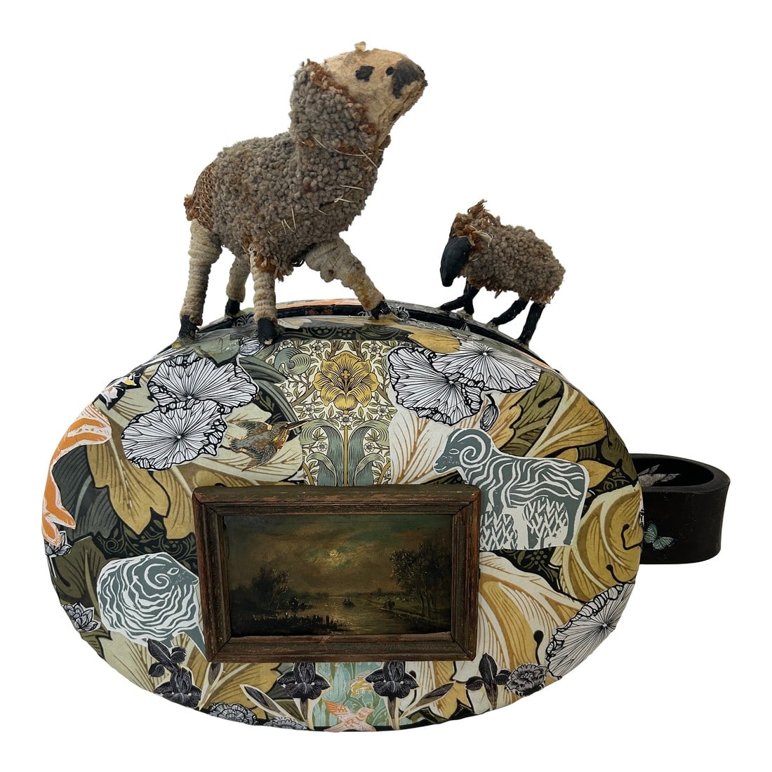 Mixed Media Collage Painting on Vintage Large Industrial Pulley Sculpture: Wonderfully imaginative and whimsical two sided table top sculpture on vintage found object pulley. Folk art hand made lambs graze on top of the sculpture, while one side incorporates an antique