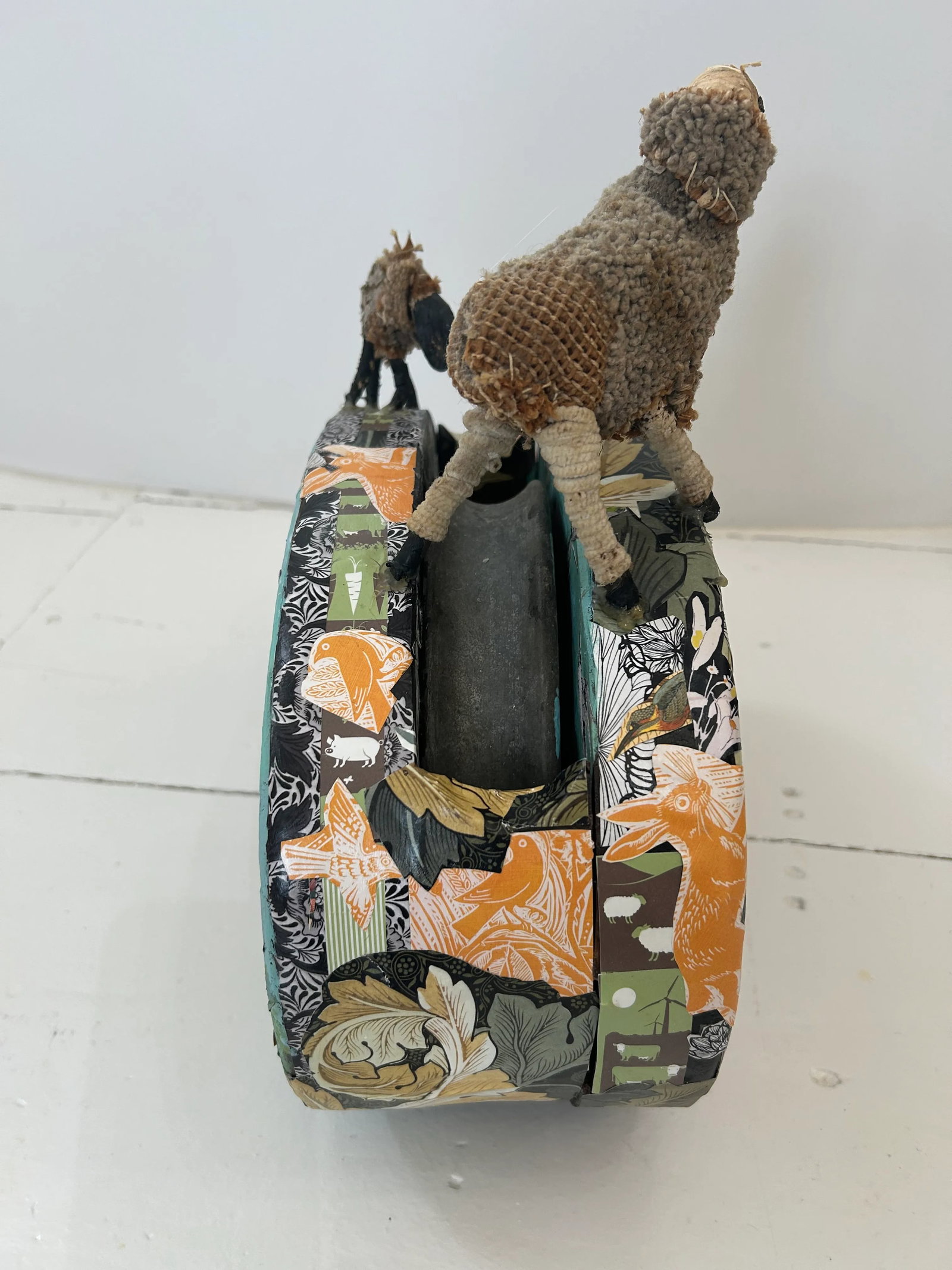 Mixed Media Collage Painting on Vintage Large Industrial Pulley Sculpture - 5