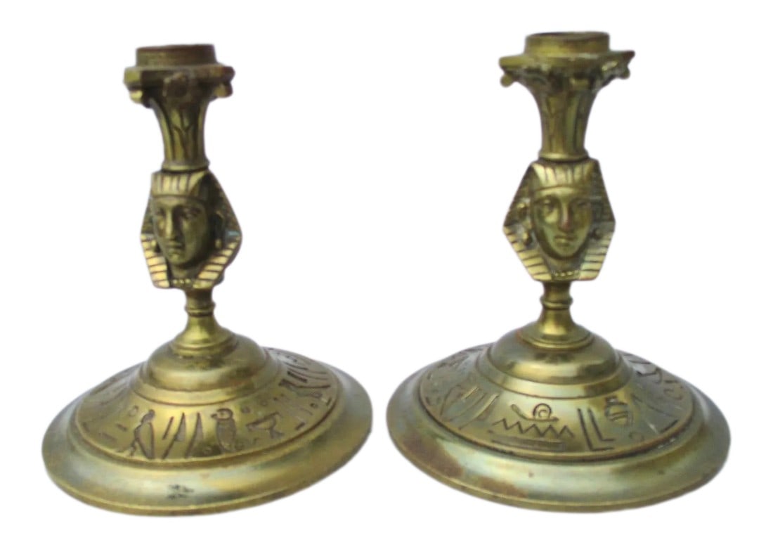 Egyptian Revival Bronze Candlesticks - a Pair (1 of 8)