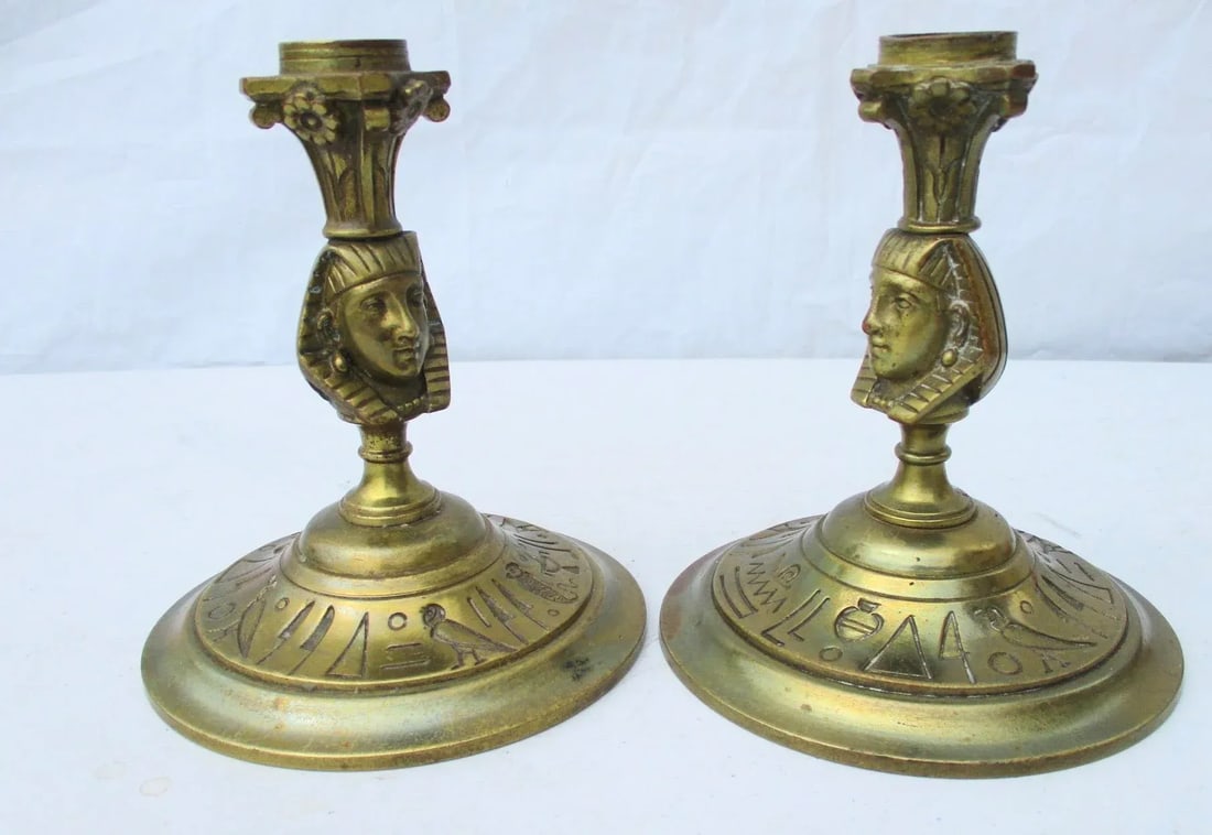 Egyptian Revival Bronze Candlesticks - a Pair - 2