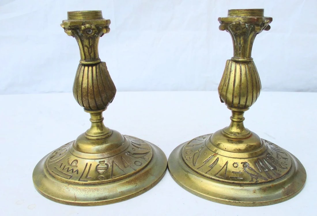 Egyptian Revival Bronze Candlesticks - a Pair - 3