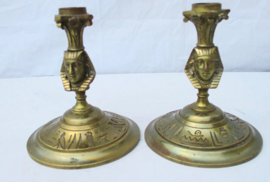 Egyptian Revival Bronze Candlesticks - a Pair - 8