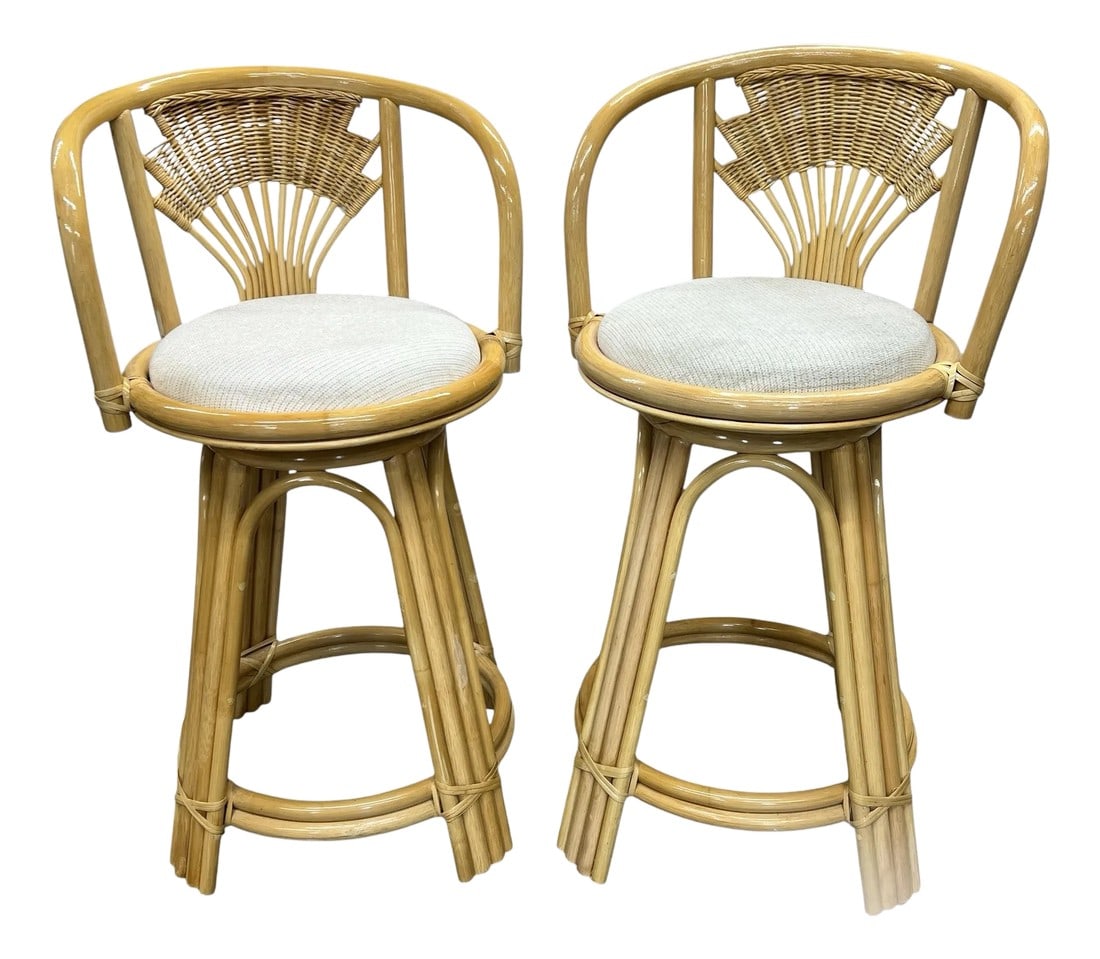 Vintage Coastal Rattan Fan Back Swivel Barstools - a Pair: Vintage fan back rattan, bentwood and wicker swivel barstools. Natural with clear finish. Each measures 23" w x 23" d x 39" h, seat pad measures 15" diameter. Seat height 29.5". Some normal use rubs f