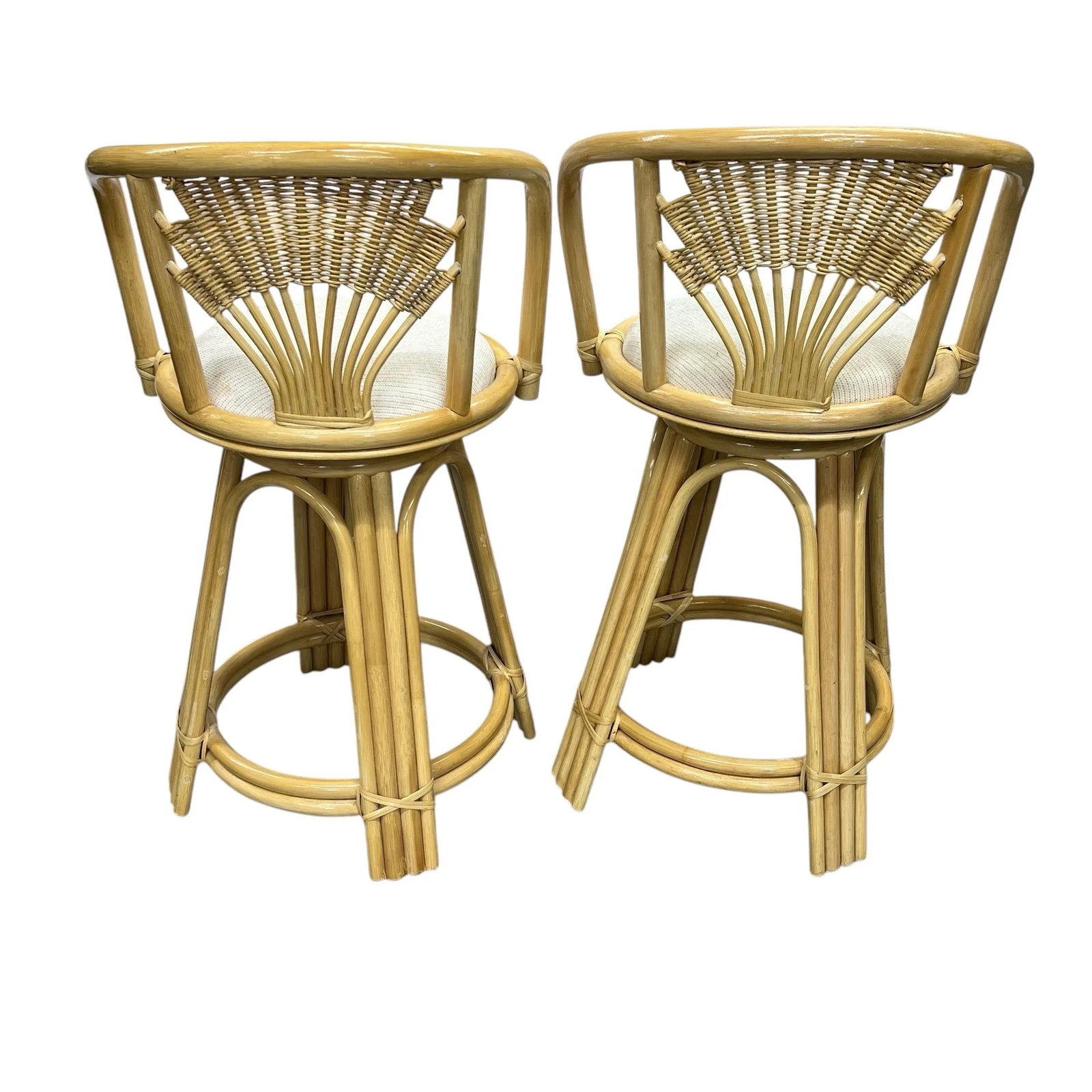 Vintage Coastal Rattan Fan Back Swivel Barstools - a Pair - 2