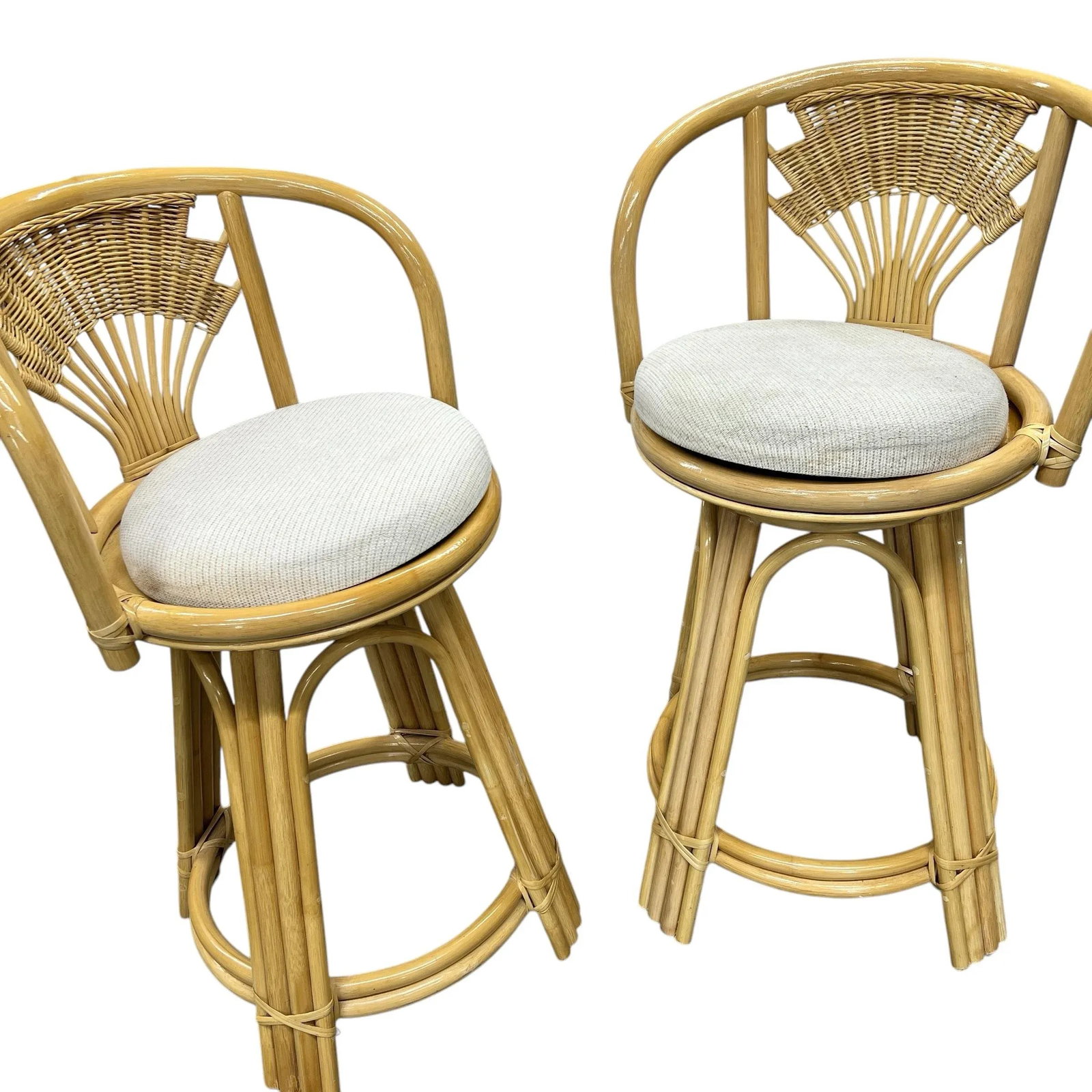 Vintage Coastal Rattan Fan Back Swivel Barstools - a Pair - 7