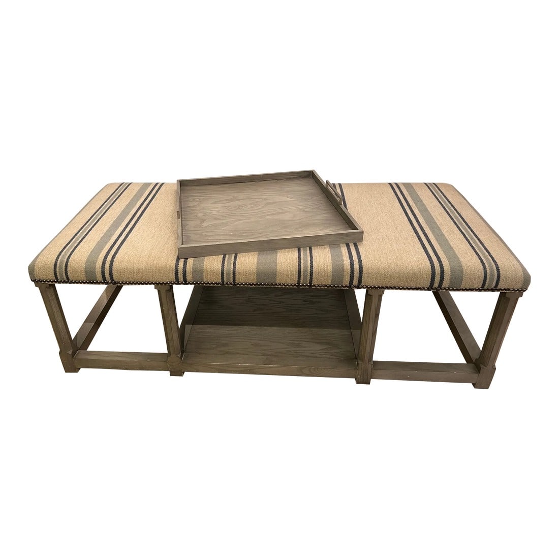 Very Large Classic Grey Wood & Upholstered Striped Ottoman: Stunning large rectangular bench having grey painted base and handsome striped upholstery with storage on lower tier and matching tray. Great at the foot of a bed or as a coffee table. Condition: