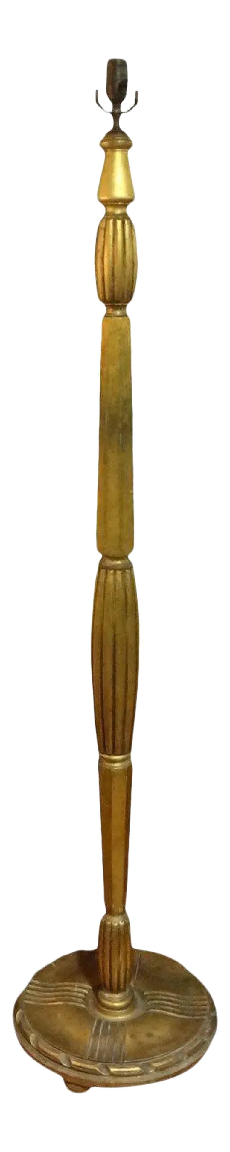 1920s French Art Deco Gilt Wood Floor Lamp-Jules Leleu Inspired: This fabulous Jules Leleu inspired floor lamp was made in France during the Art Deco Period, circa 1925. The piece was geometrically carved from one piece. This Stunning floor lamp would work well in 