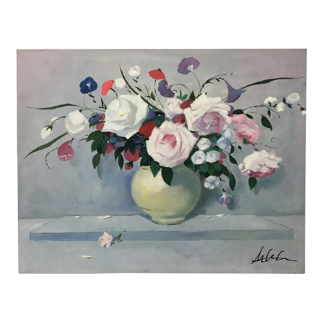 Vintage Impressionism "Flowers Bouquet in Vase" Painting: Vintage Impressionism handpainted authentic painting of flowers bouquet in vase, rose, camellia &c. flowers. Condition: Alterations: Original Condition Unaltered Imperfections: Some Imperfections