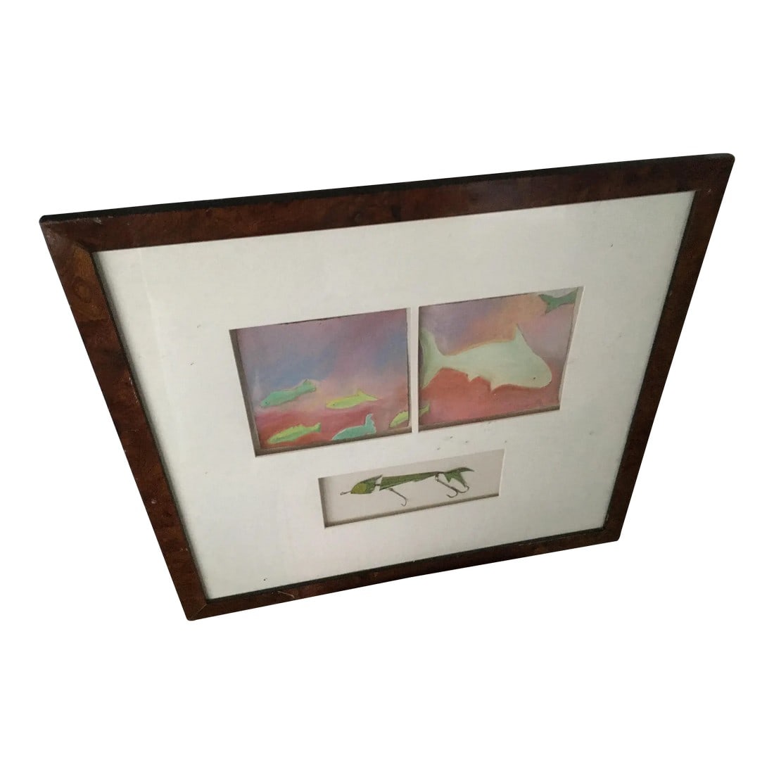 1980s Signed Water Color of Fish With Metal Lure, Framed: Amazing and unique water color of fish. with metal lure made by the artist. Great framing with burl frame signed Laura Piepe 1987 Condition: Alterations: Original Condition Unaltered Imperfections: