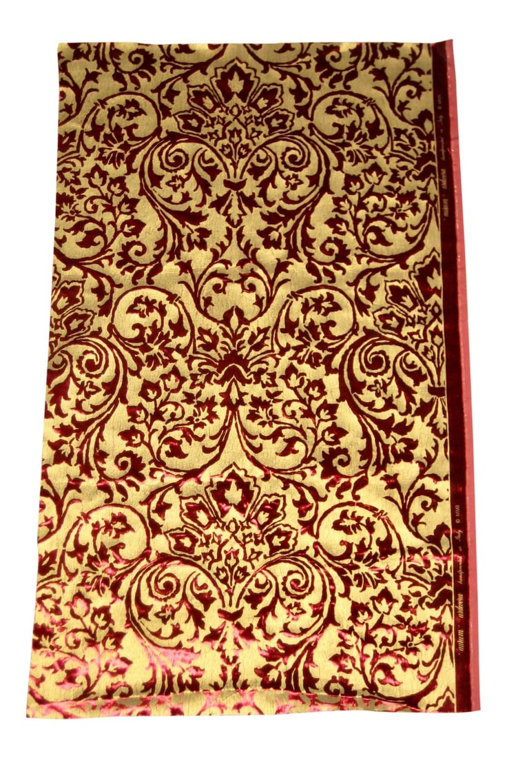 Gold Silk Hand Printed Italian Ardecora Velvet: Ardecora Milan is famous for it's prestigious quality textile, here you have a hand printed metallic gold on silk velvet in the traditional Baroque style like Venise and Genoa produce for centuries .