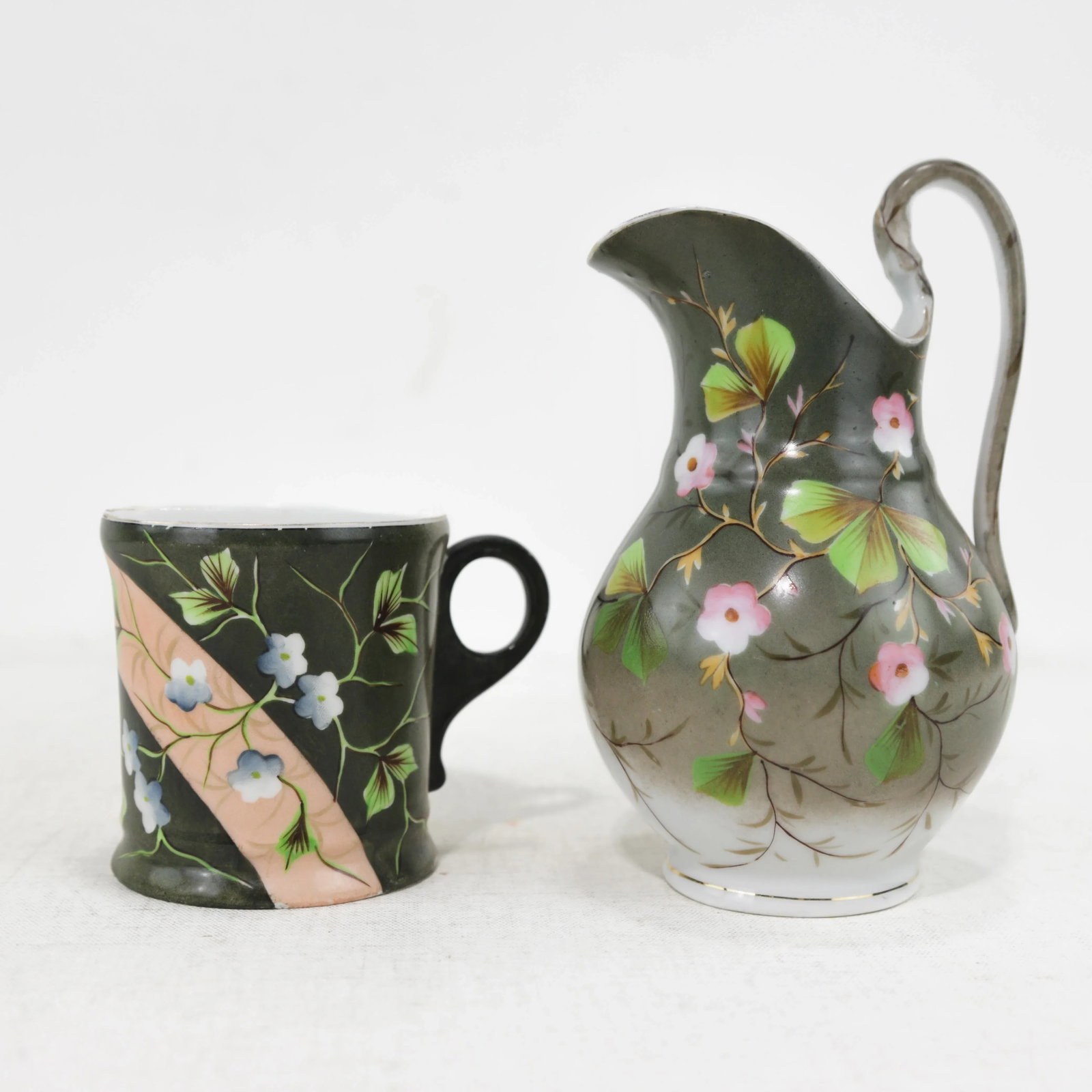 Victorian Vintage Hand-Painted Porcelain Pitcher & Cup Set – Floral Art Nouveau Design - 2