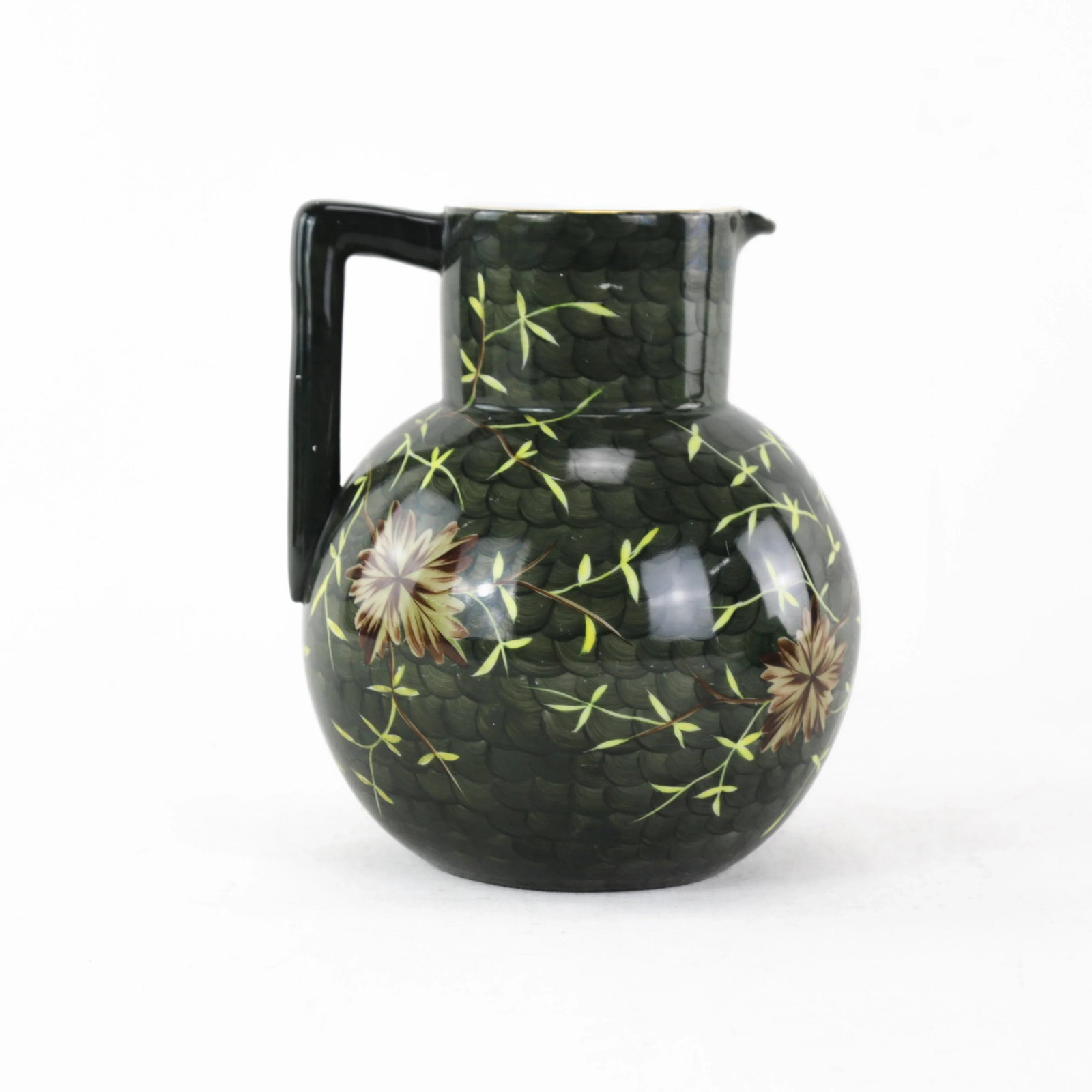 Vintage Victorian Dark Green Hand-Painted Floral Pitcher, Creamer & Bowl Set - 10