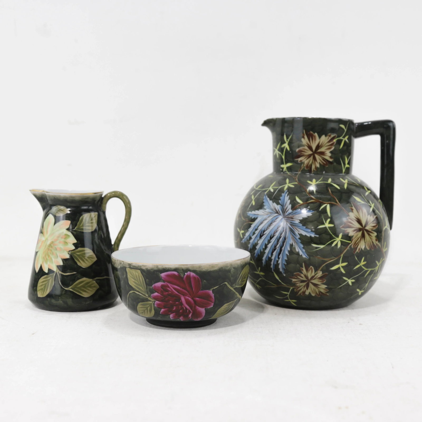 Vintage Victorian Dark Green Hand-Painted Floral Pitcher, Creamer & Bowl Set - 12
