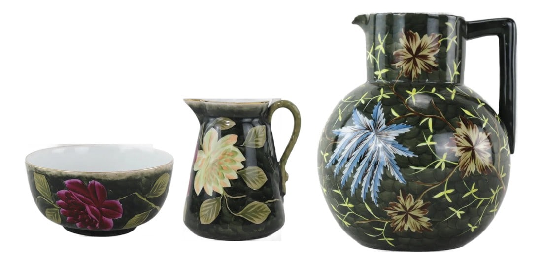 Vintage Victorian Dark Green Hand-Painted Floral Pitcher, Creamer & Bowl Set (1 of 12)