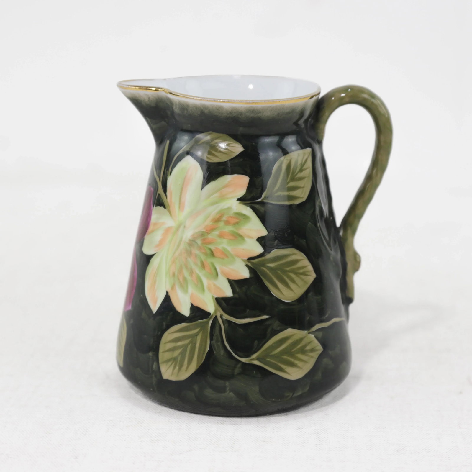 Vintage Victorian Dark Green Hand-Painted Floral Pitcher, Creamer & Bowl Set - 3