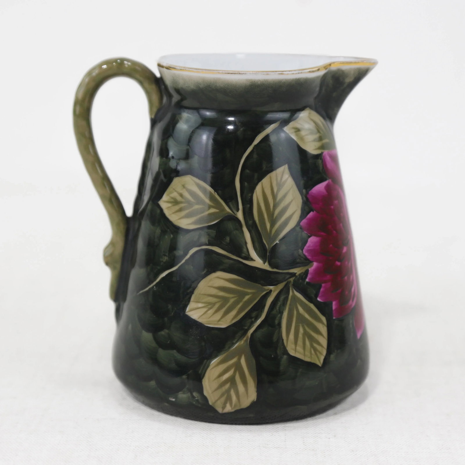 Vintage Victorian Dark Green Hand-Painted Floral Pitcher, Creamer & Bowl Set - 4
