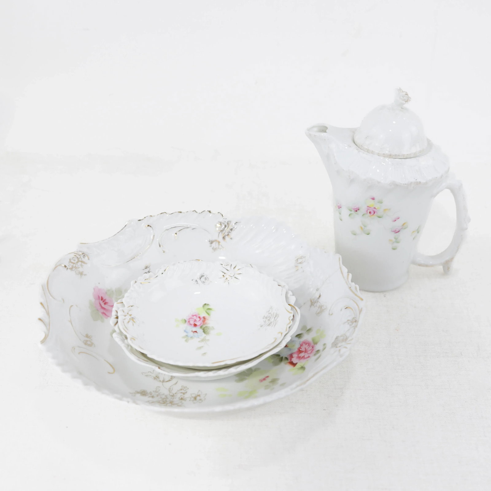 Bavarian White Embossed Porcelain Dinnerware Set With Roses & Gold Trim - 2