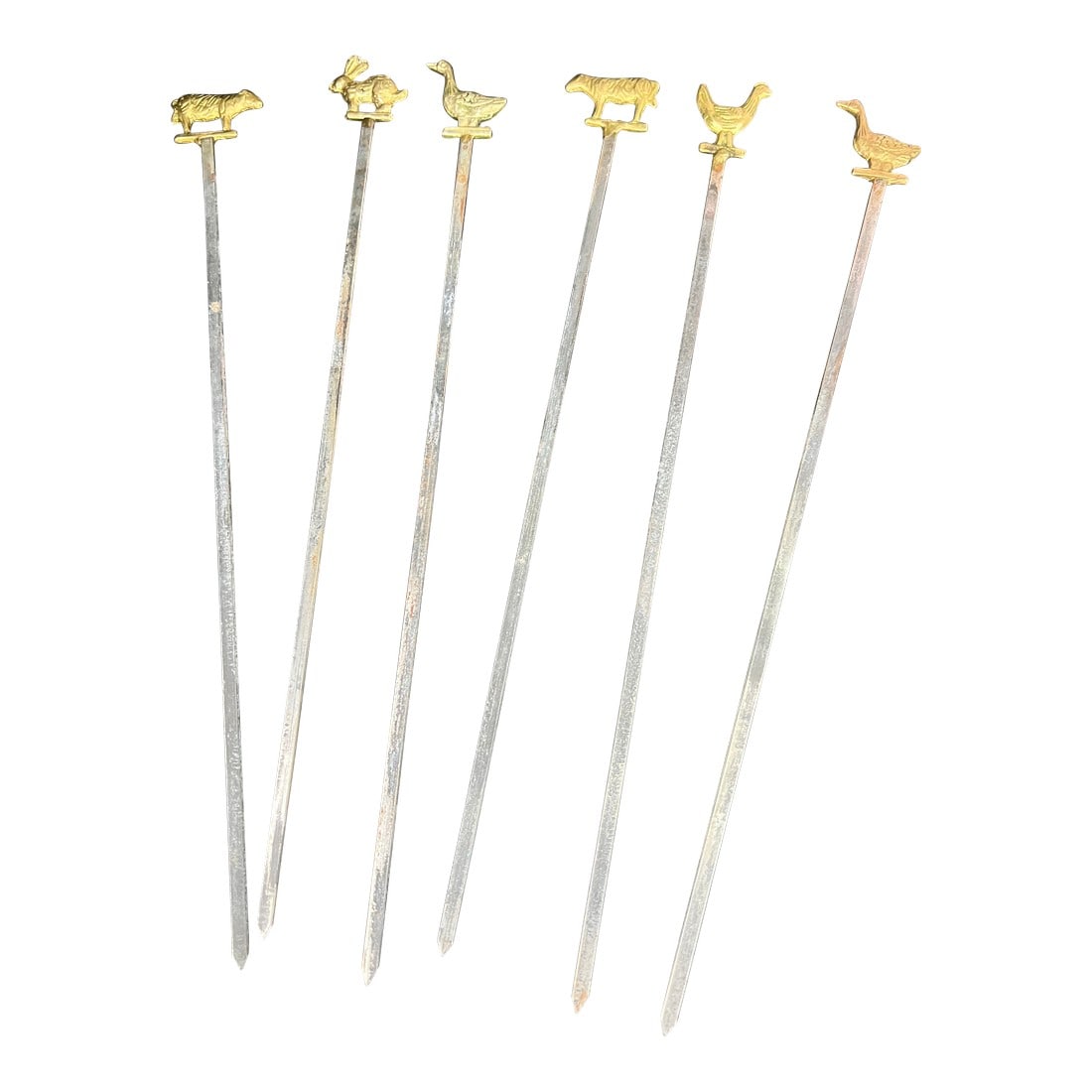 1970s Solid Brass Barnyard Animal Skewers- Set of 6: Up for consideration is a beautiful collection of solid brass barnyard animal skewers. These would look lovely in your home and they are a great find for the interior design enthusiast. Please check