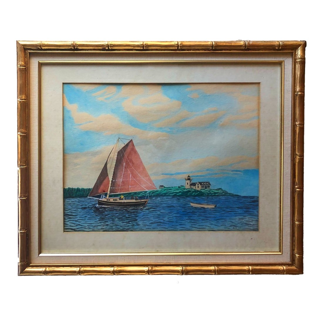 Watercolor Nautical Painting of Eastport, Maine With Gold Bamboo Frame: This exquisite nautical painting, framed in a bamboo structure with a luxurious gold finish, captures the essence of Eastport, Maine, with a unique perspective. The artwork, titled Pinkey, is a beauti