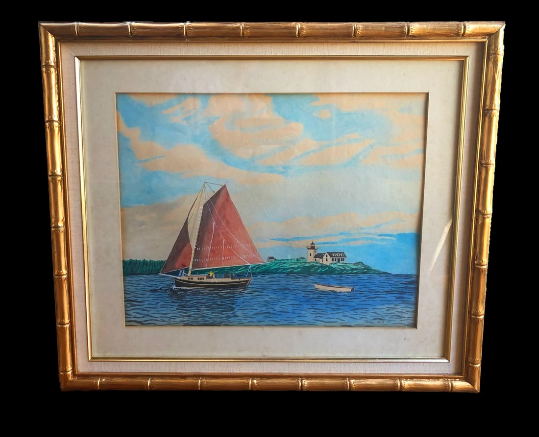 Watercolor Nautical Painting of Eastport, Maine With Gold Bamboo Frame - 4