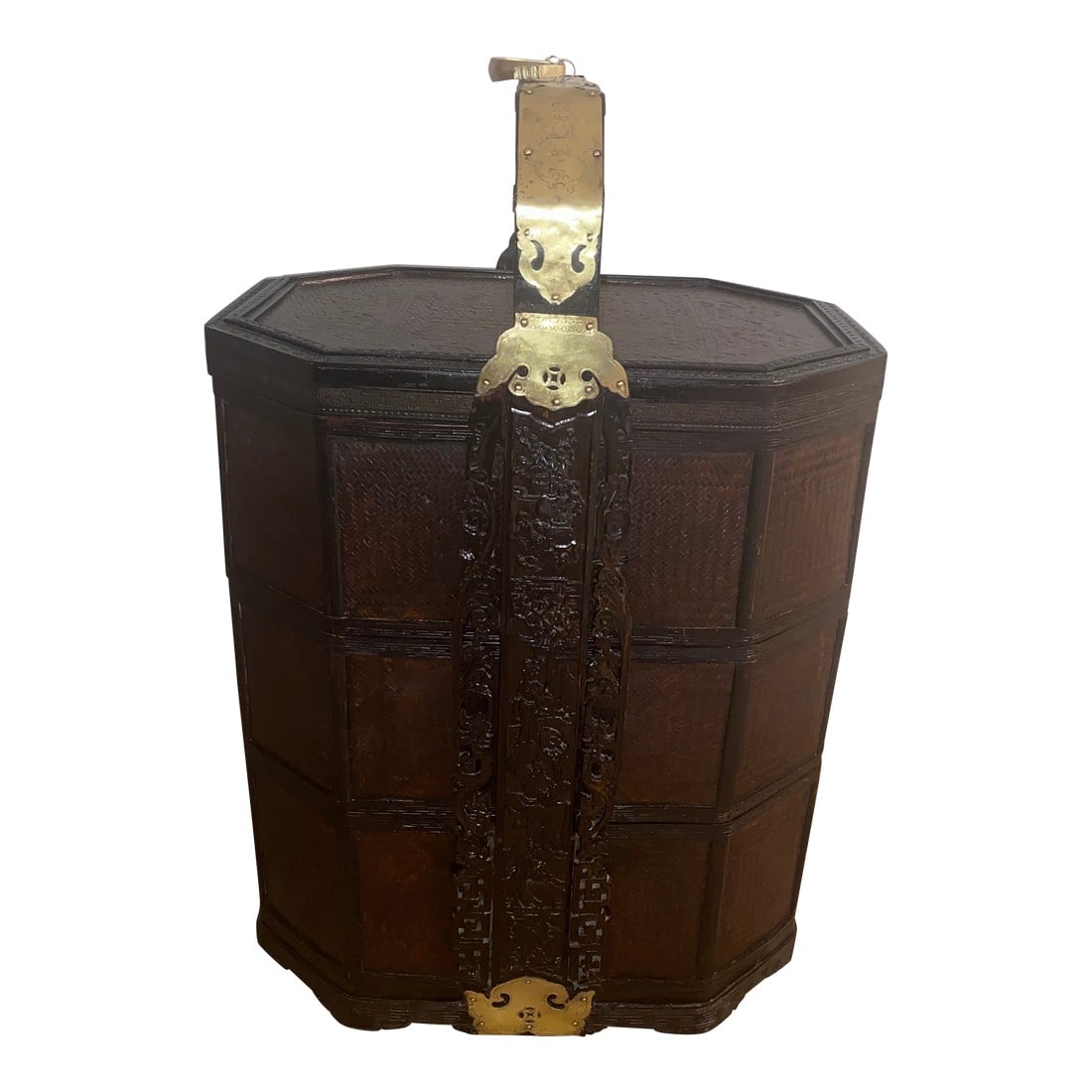 Chinese Decorative Wedding Basket: Beautiful Chinese wedding basket made of woven wicker and carved wood. Decorative brass handles. Contains 3 stacked trays and a lid. Condition: Alterations: Restored Imperfections: Some Imperfections