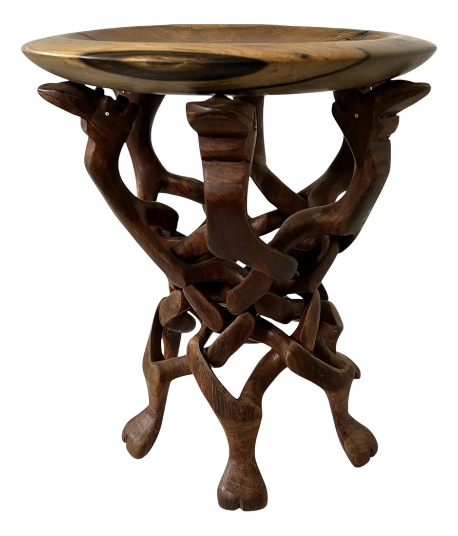 Handcrafted Wooden Intertwined Legs Side Table Signed and Dated by the Artist: Handcrafted wooden intertwined legs side table. Signed by artist. Collapses for easy storage. Measures 12.5" diameter x 15.5" h. Condition: Alterations: Original Condition Unaltered Imperfections: