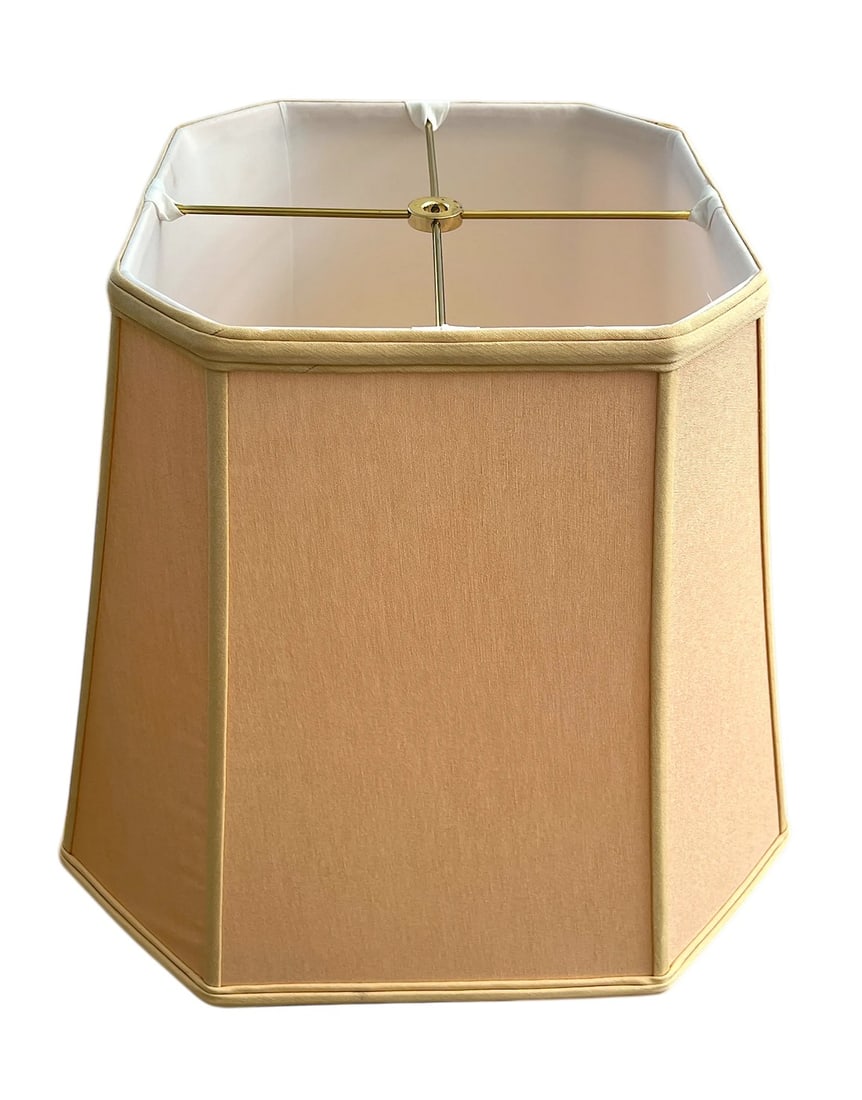 Large Blush Pink and Beige Cloth Rectangular Corner Lamp Shade: Tailored cloth lamp shade featuring a soft blush pink body with beige trim and crisp cornered lines, offering an elegant update to any vintage or contemporary base. The structured octagonal