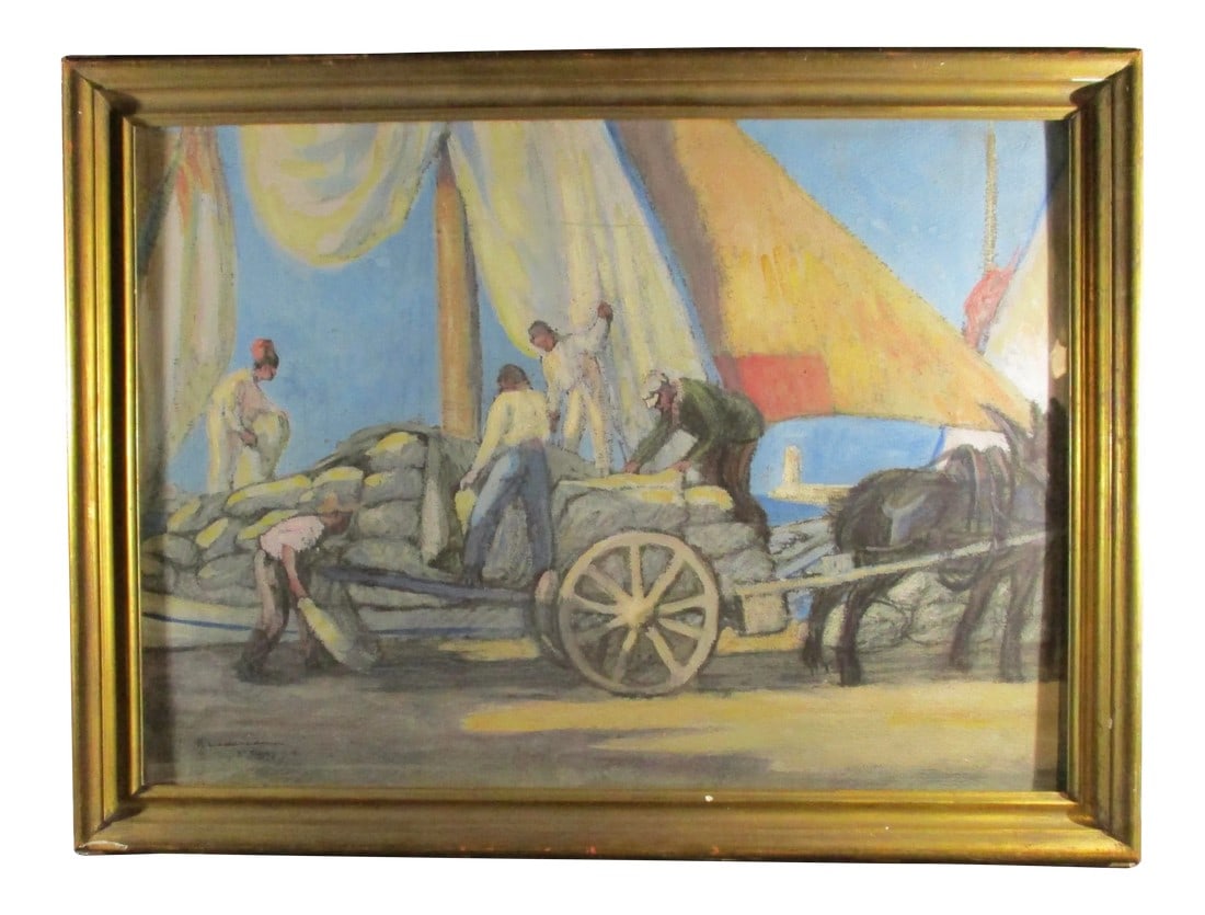 Pierre Ladureau Gouache Painting Dated 1913: Pierre Ladureau ( France 1882-1975). Gauche painting of porters at work at the harbor unloading a horse-drawn cart. Signed P. Landureau St. Tropez and dated 13. Beautifully conceived composition