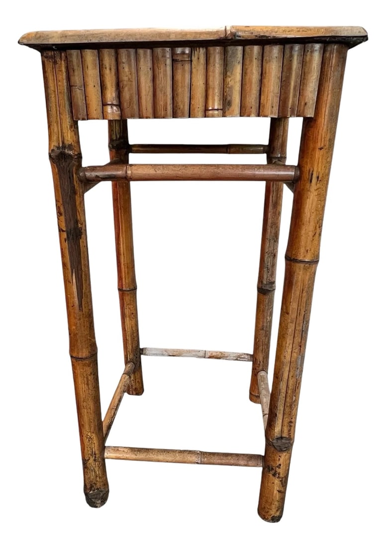 Vintage Bamboo Weather Worn Tall Drink Table: Offering this vintage bamboo weather / age worn drink tall table. Great as a pedestal for plants and other display items or as a tall side table. Measures 14.75" square x 29" h. Condition: