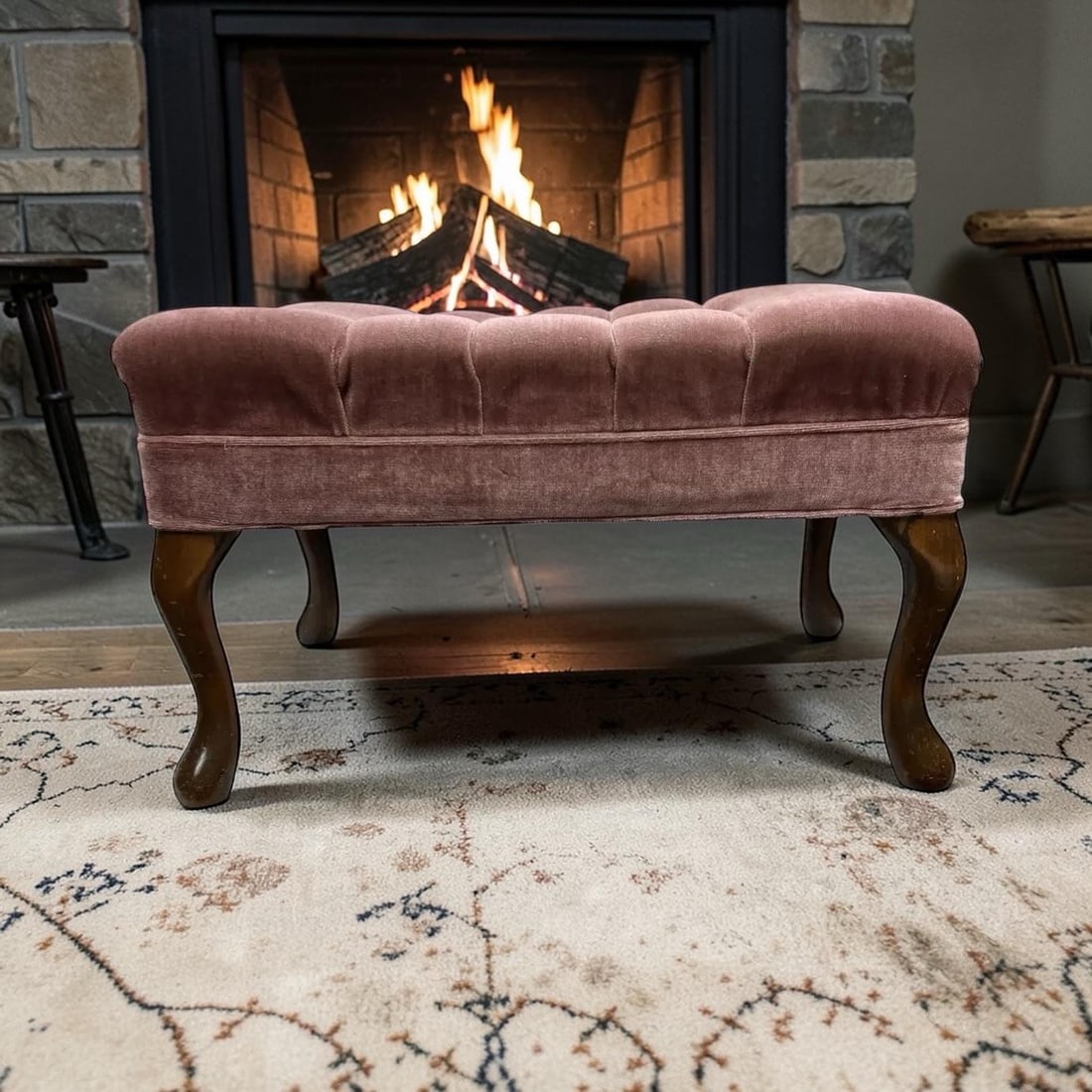 Tufted Dusty Rose Pink Velvet Ottoman - 5