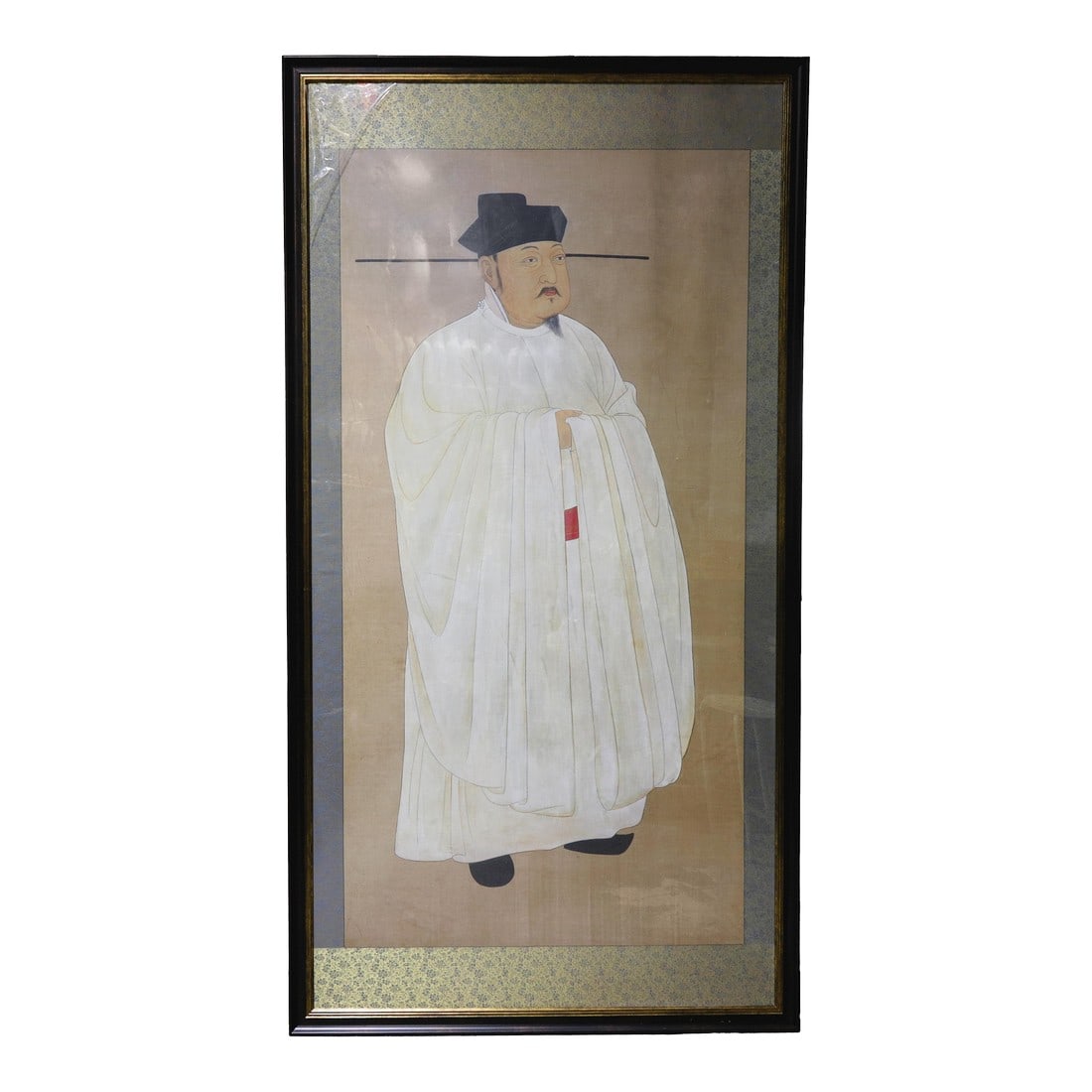 Framed Vintage Chinese Portrait Painting of a Scholar Official: A stately vintage Chinese portrait painting depicting a distinguished male scholar-official dressed in traditional white robes and black hat, characteristic of the Song or Ming dynasty style. His
