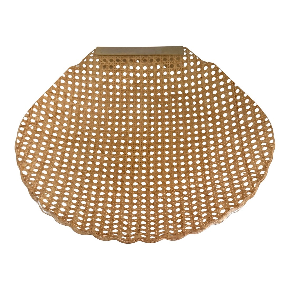 Italian Lucite Cannage Shell Shaped Bowl W" Brass Handle.: Large lucite cannage Vienna straw bowl with brass handle edge. Fluted edges to resemble a shell. Made in Italy for Christian Dior Home. Fantastic large size, great to hold fruit. Wipe able.