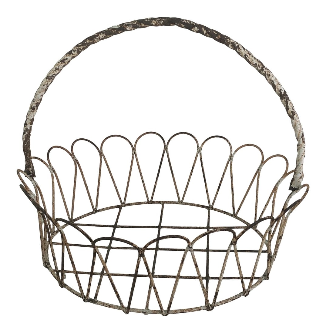 Antique French Wrought Iron Garden Basket or Jardiniere: Charming French wrought iron garden basket. Late 19th early 20th century. Shabby chic. Paint worn but basket in great form. This item was recently sprayed white. Condition: Alterations: Original