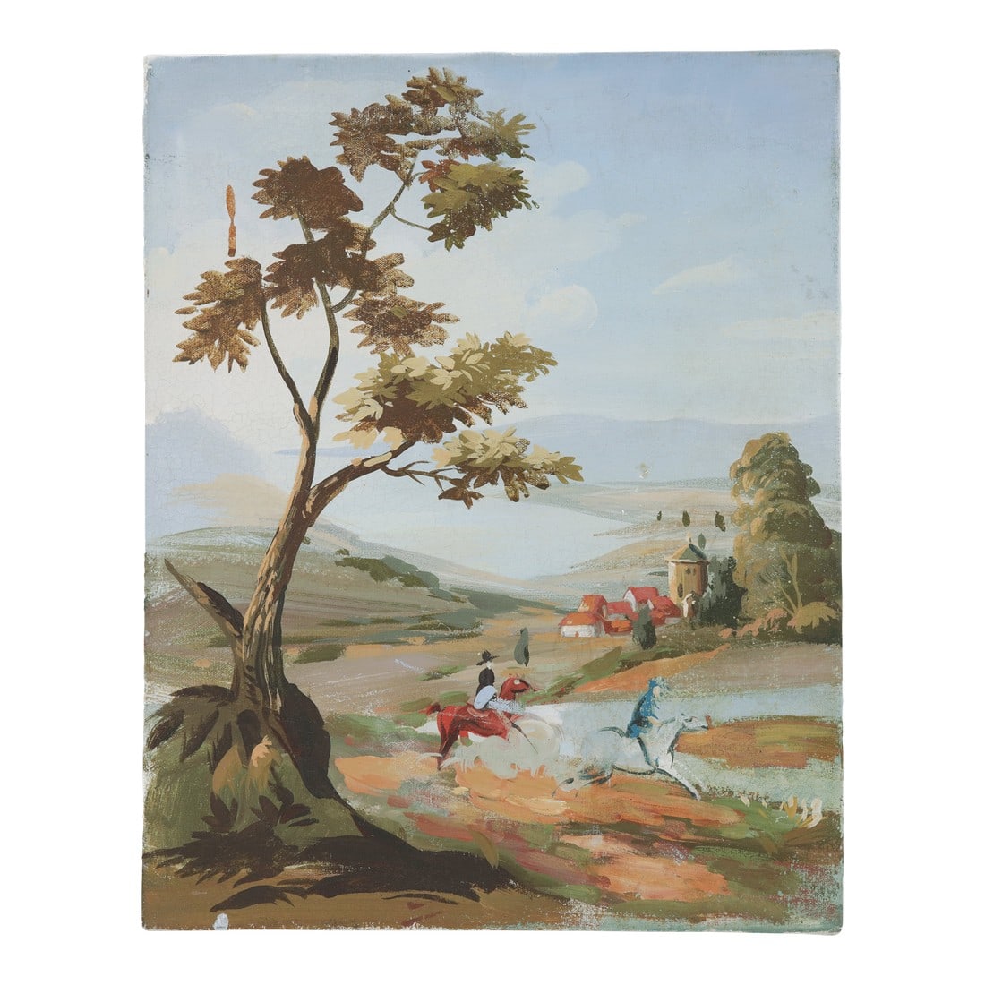 Vintage Horseback Riders Landscape Painting With Tower and Village: This charming vintage landscape painting captures two horseback riders galloping through a vibrant countryside, framed by a tall, expressive tree in the foreground. The idyllic scene includes soft
