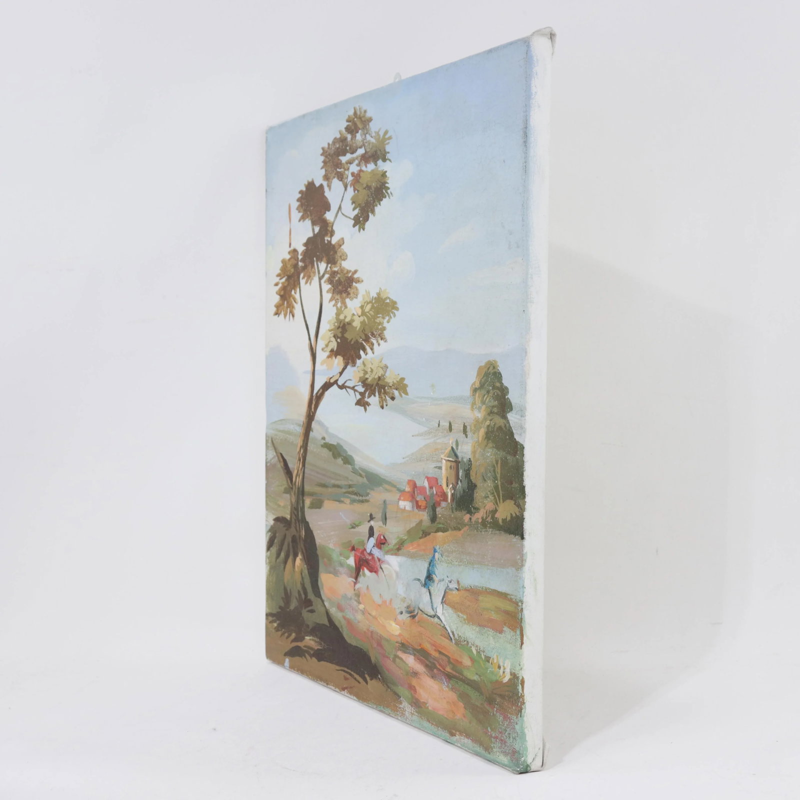 Vintage Horseback Riders Landscape Painting With Tower and Village - 2