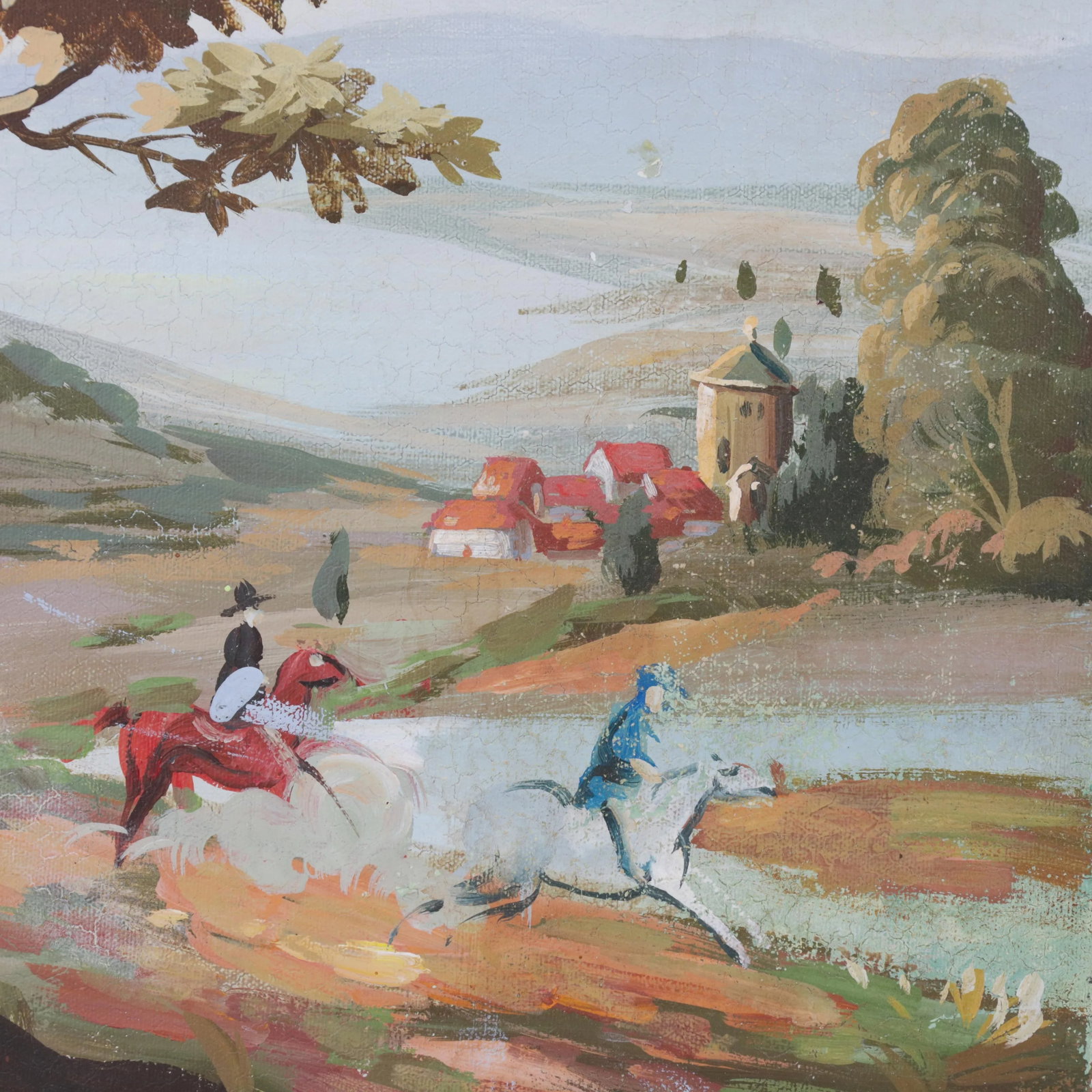 Vintage Horseback Riders Landscape Painting With Tower and Village - 3