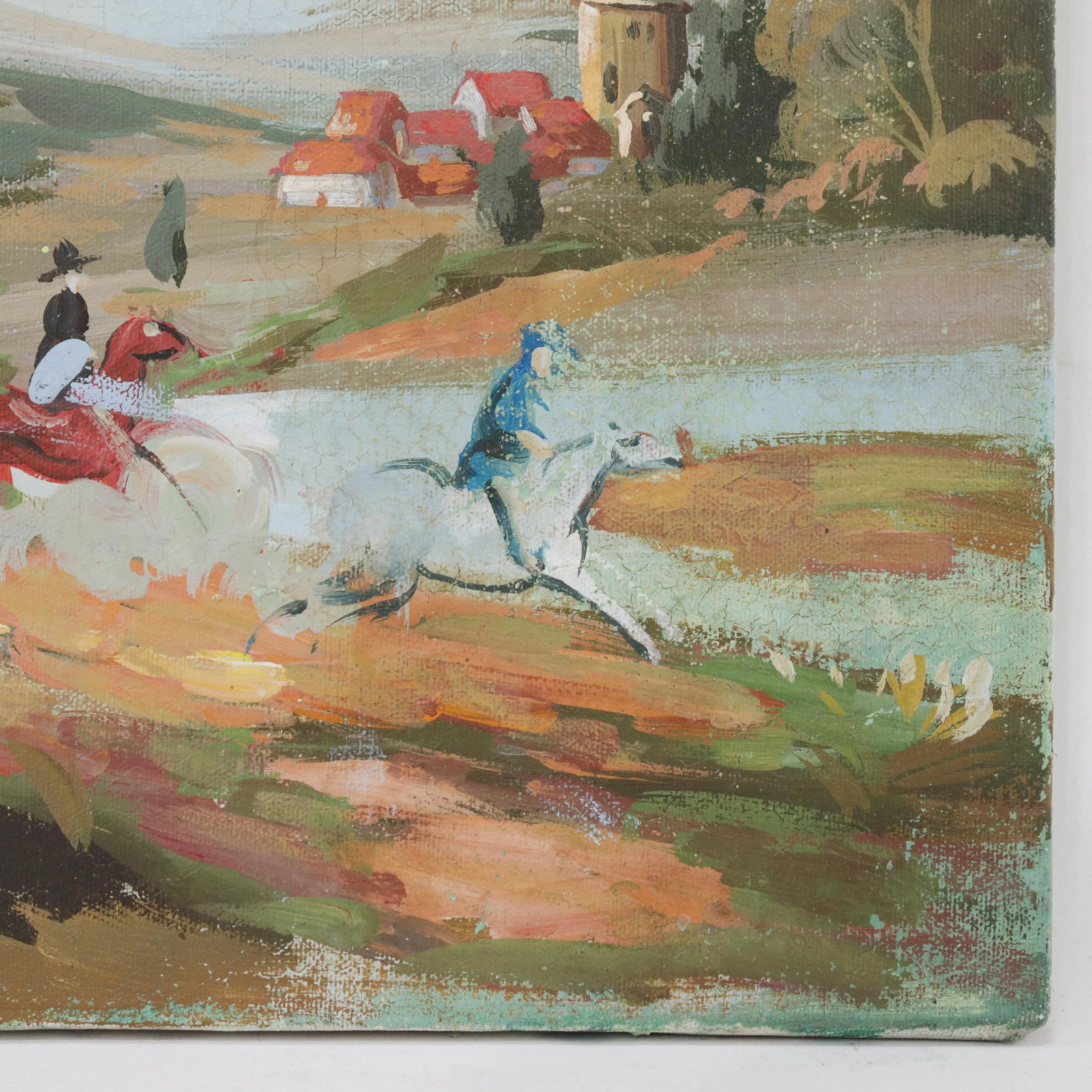 Vintage Horseback Riders Landscape Painting With Tower and Village - 4