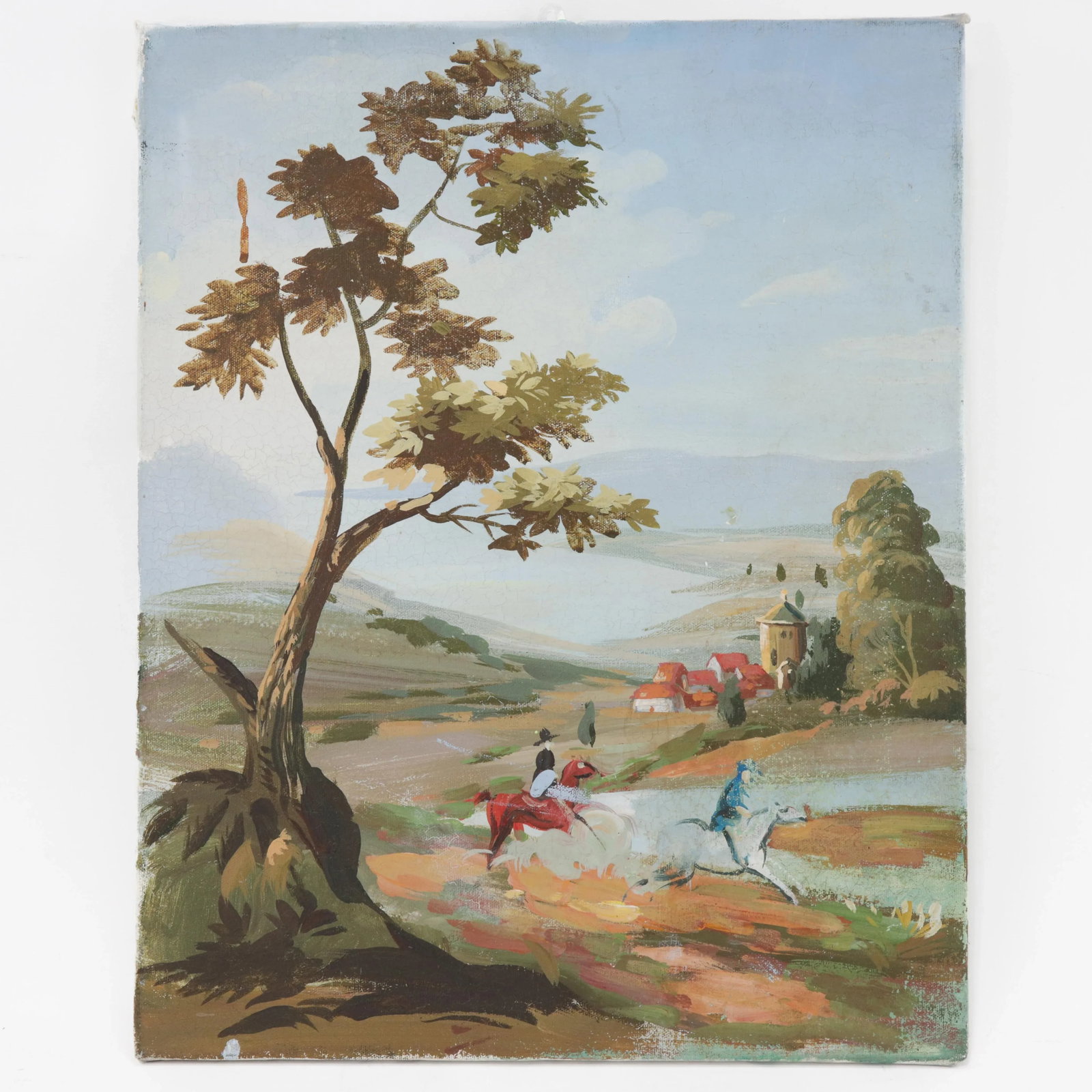 Vintage Horseback Riders Landscape Painting With Tower and Village - 9