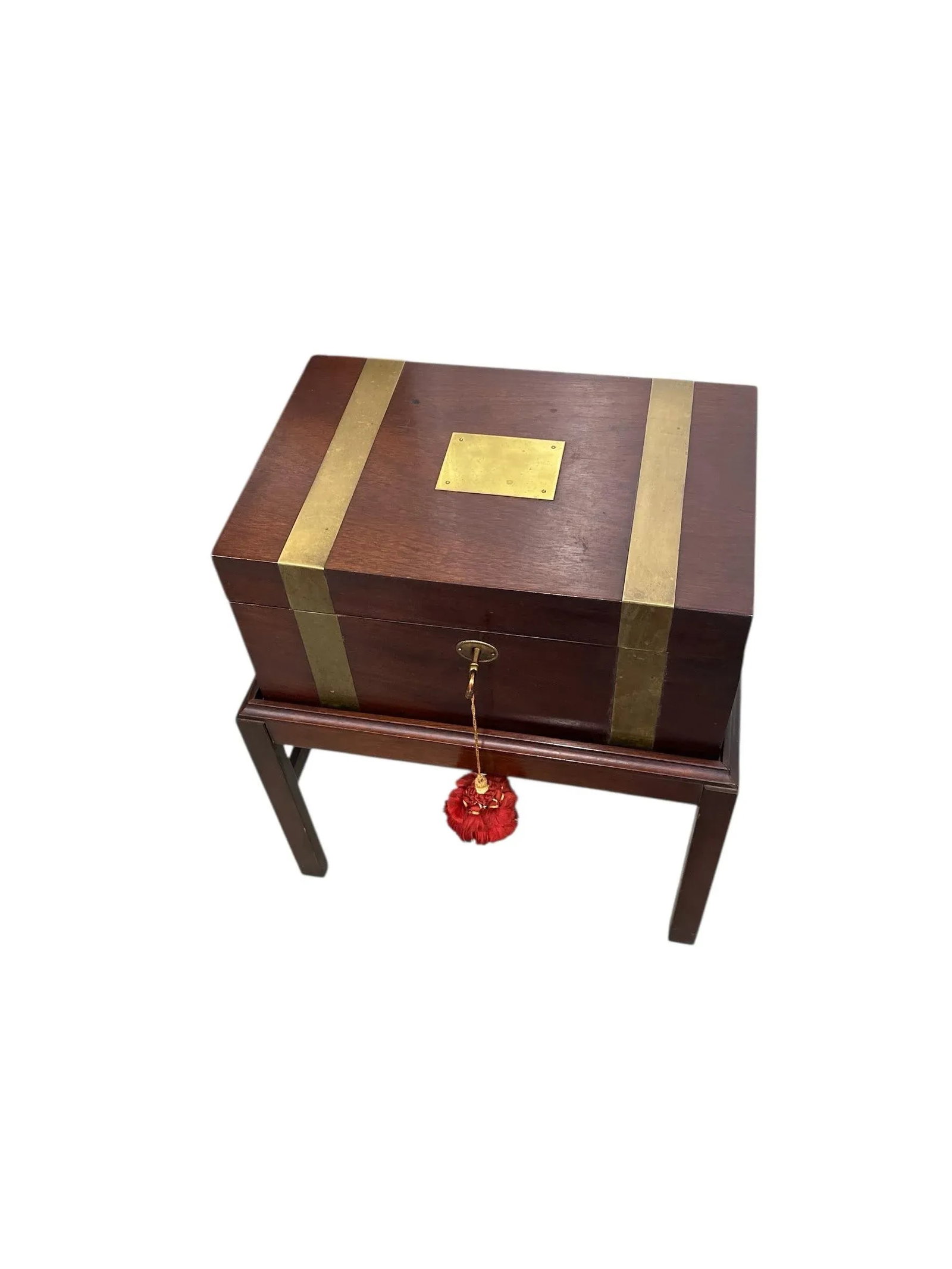 Vintage Campaign Style Hinged Lid Cellarette Box on Stand With Key - 2