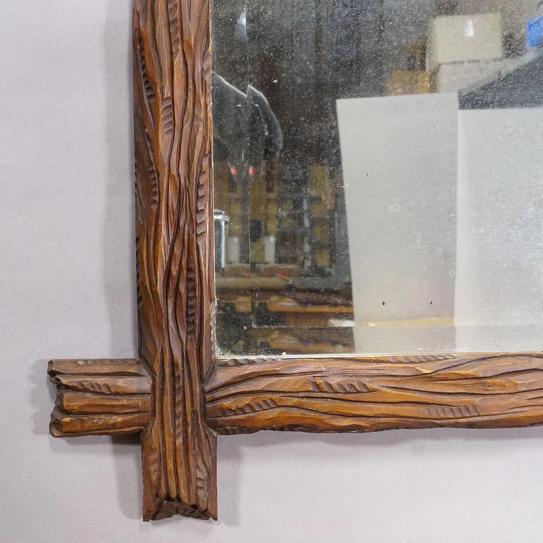 Antique Black Forest Mirror With Rustic Carved Frame - 3