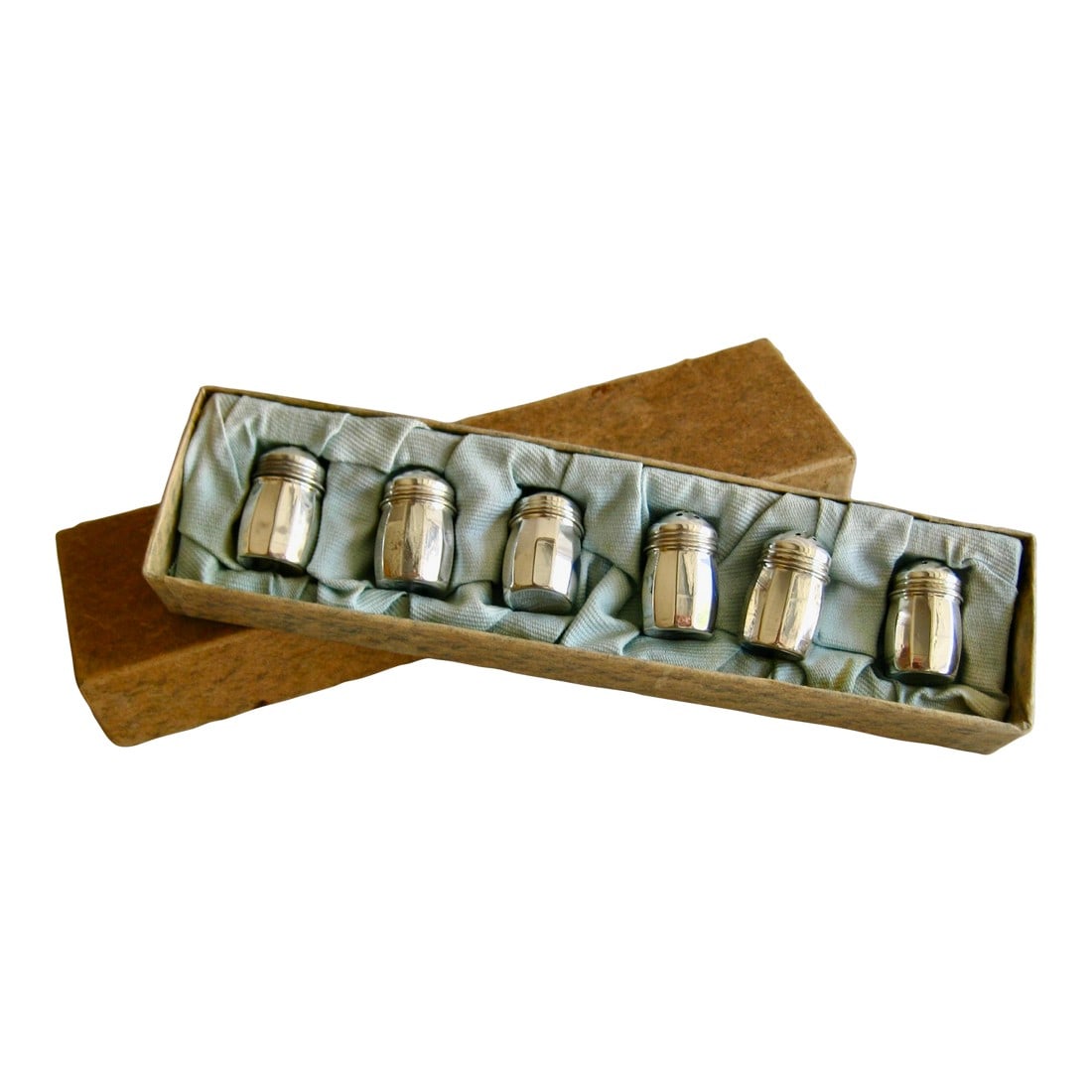Early 20th Century Sterling Silver Salt Shakers Neo-Classic Style Set- 6 Pieces: Lovely set of six salt shakers in the original box , always a plus , in sterling silver , in the Neo-classic style that goes with everything, small and pleasant it will bring for sure a touch of